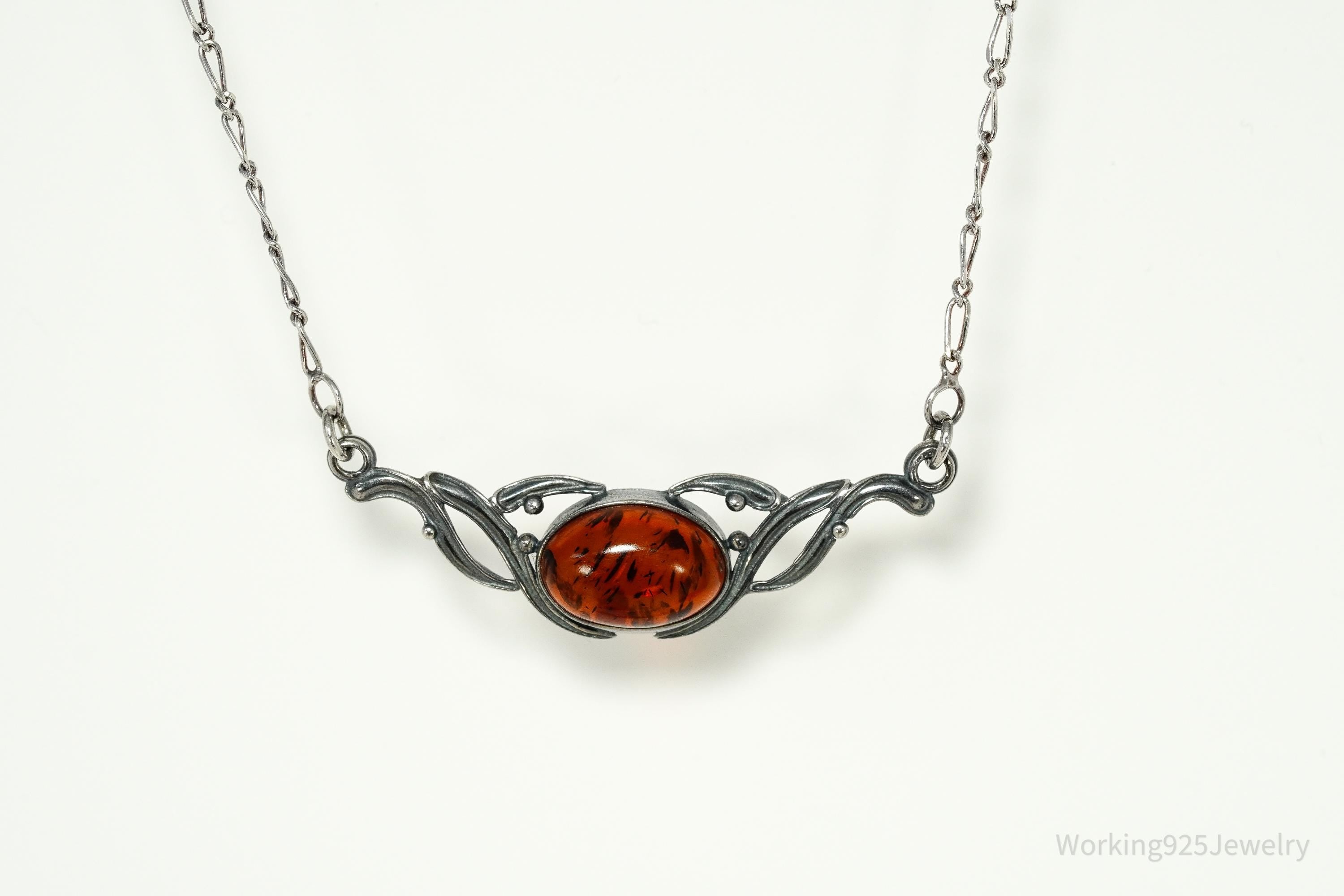 Vintage Amber Sterling Silver Necklace 16"