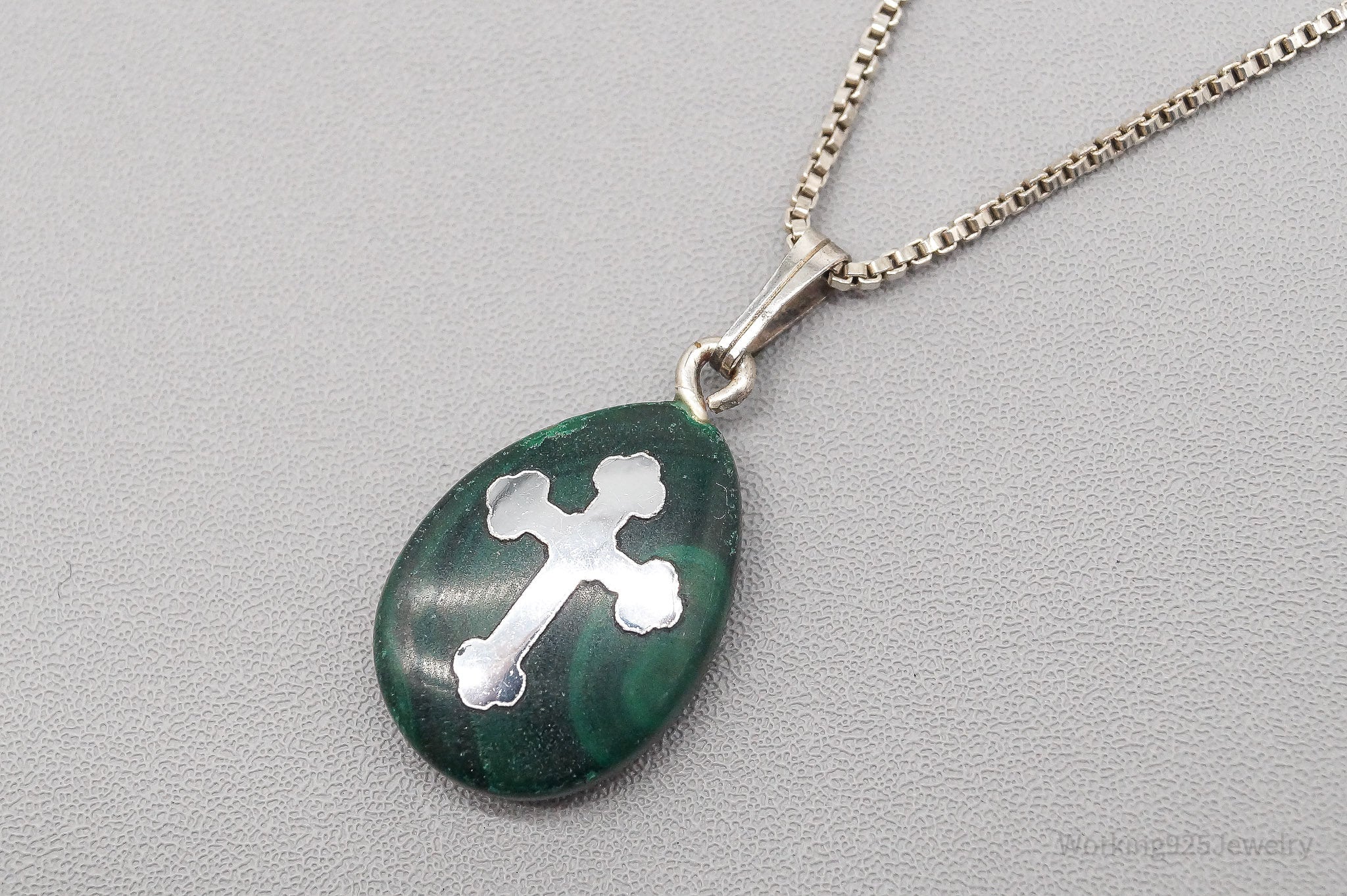 Vintage Cross On Malachite Sterling Silver Necklace - 18"