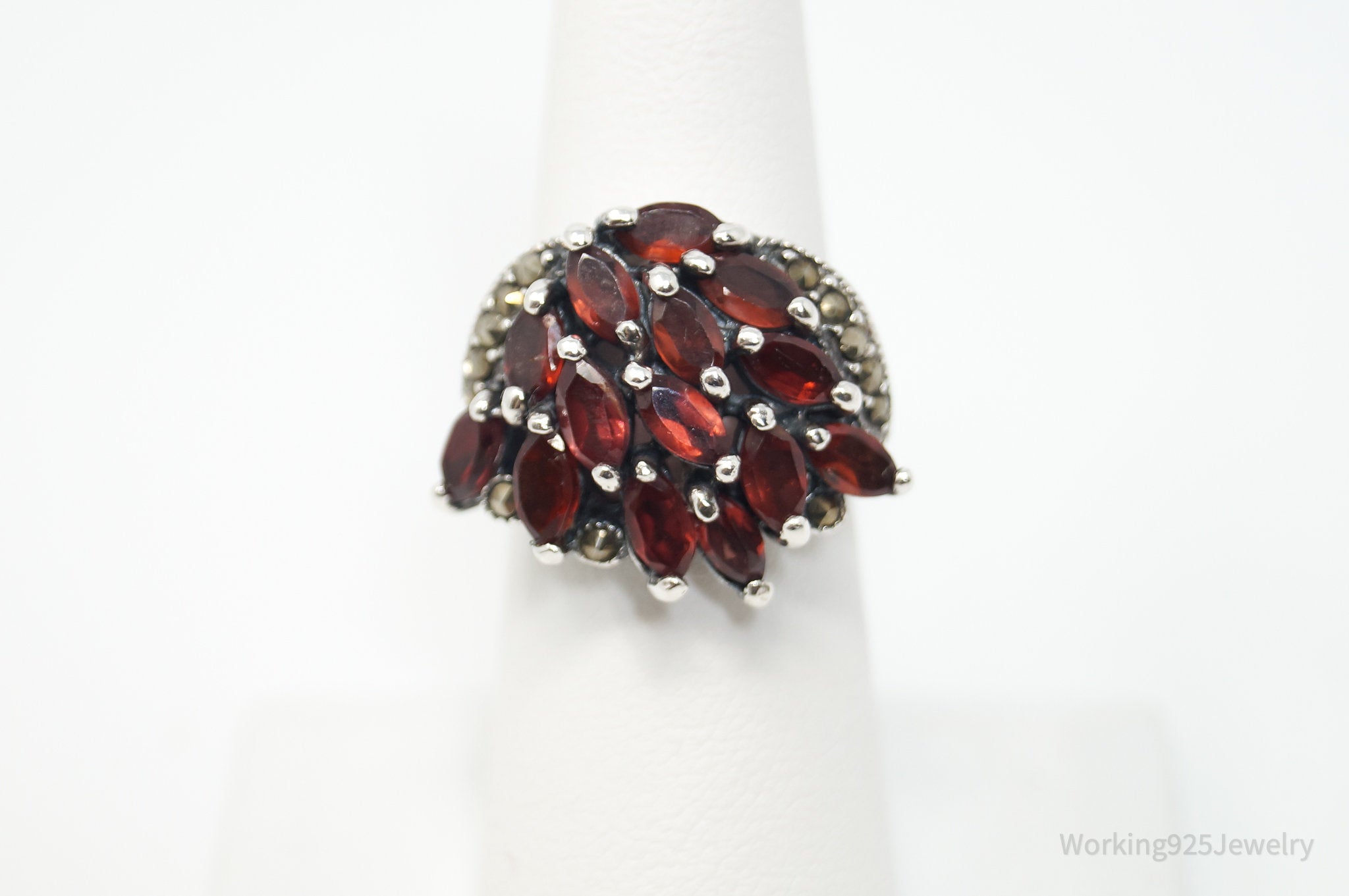 Vtg Art Deco Style Garnet Marcasite Statement Ring Sterling Silver - Sz 6