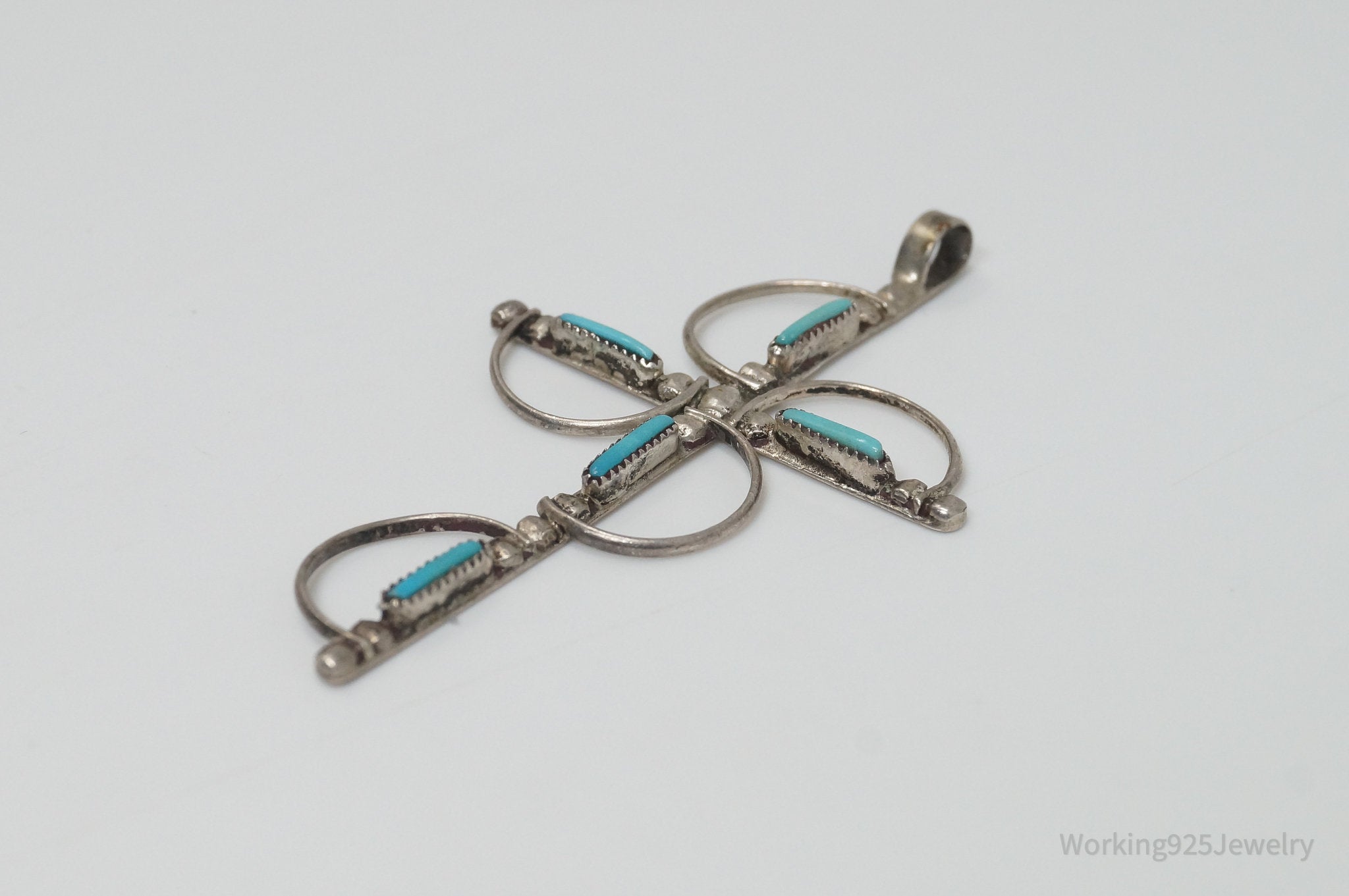 Vintage Native American Unsigned Turquoise Sterling Silver Cross Pendant