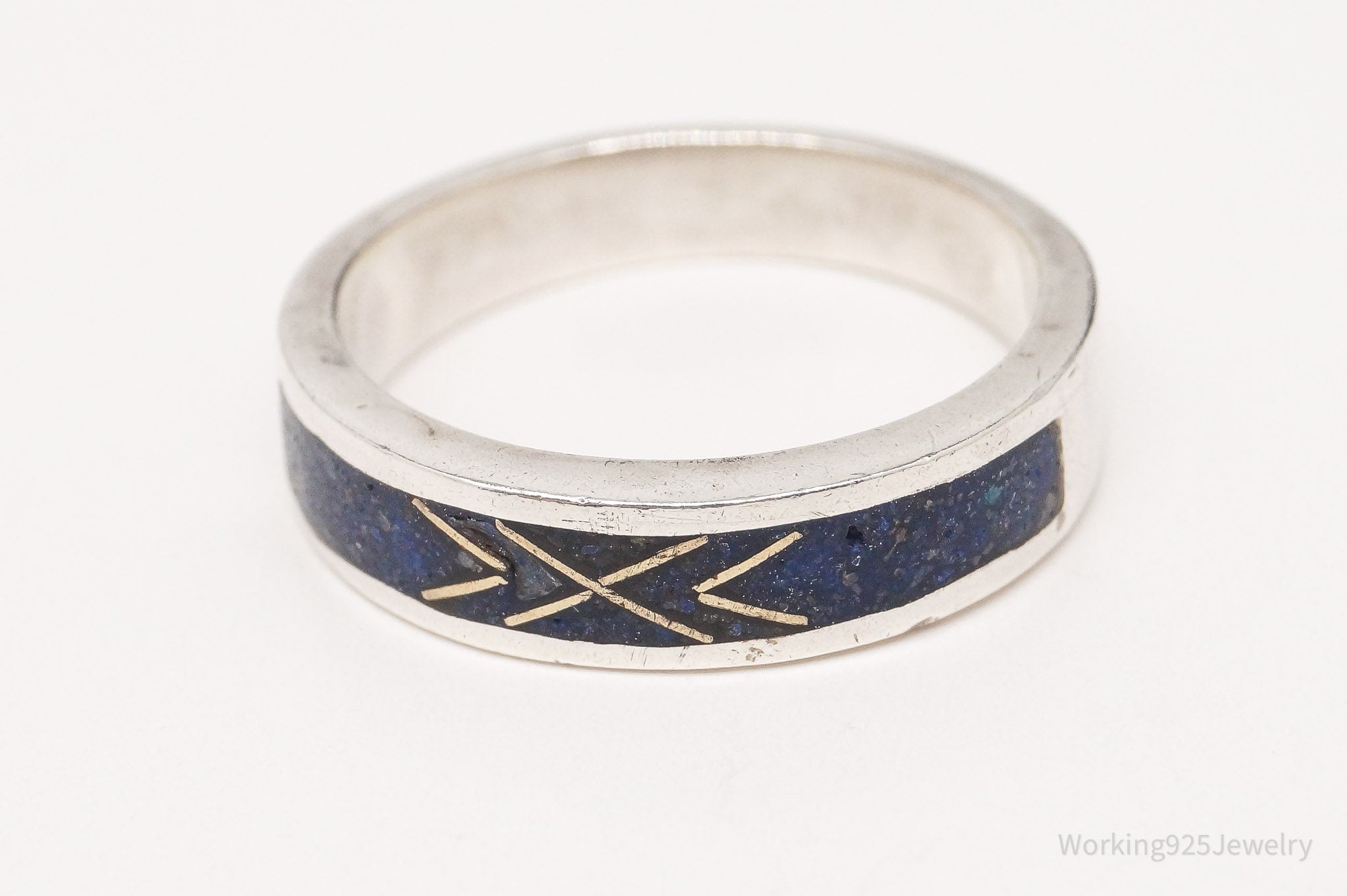 Vintage Native American Lapis Lazuli Inlay Gold Silver Ring Size 6.75