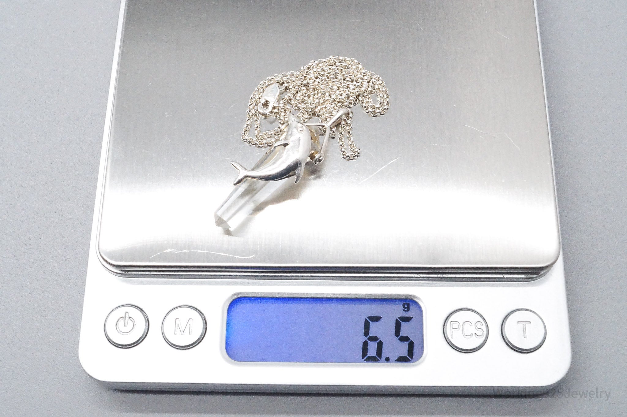 Vintage Dolphin & Crystal Sterling Silver Necklace 18"