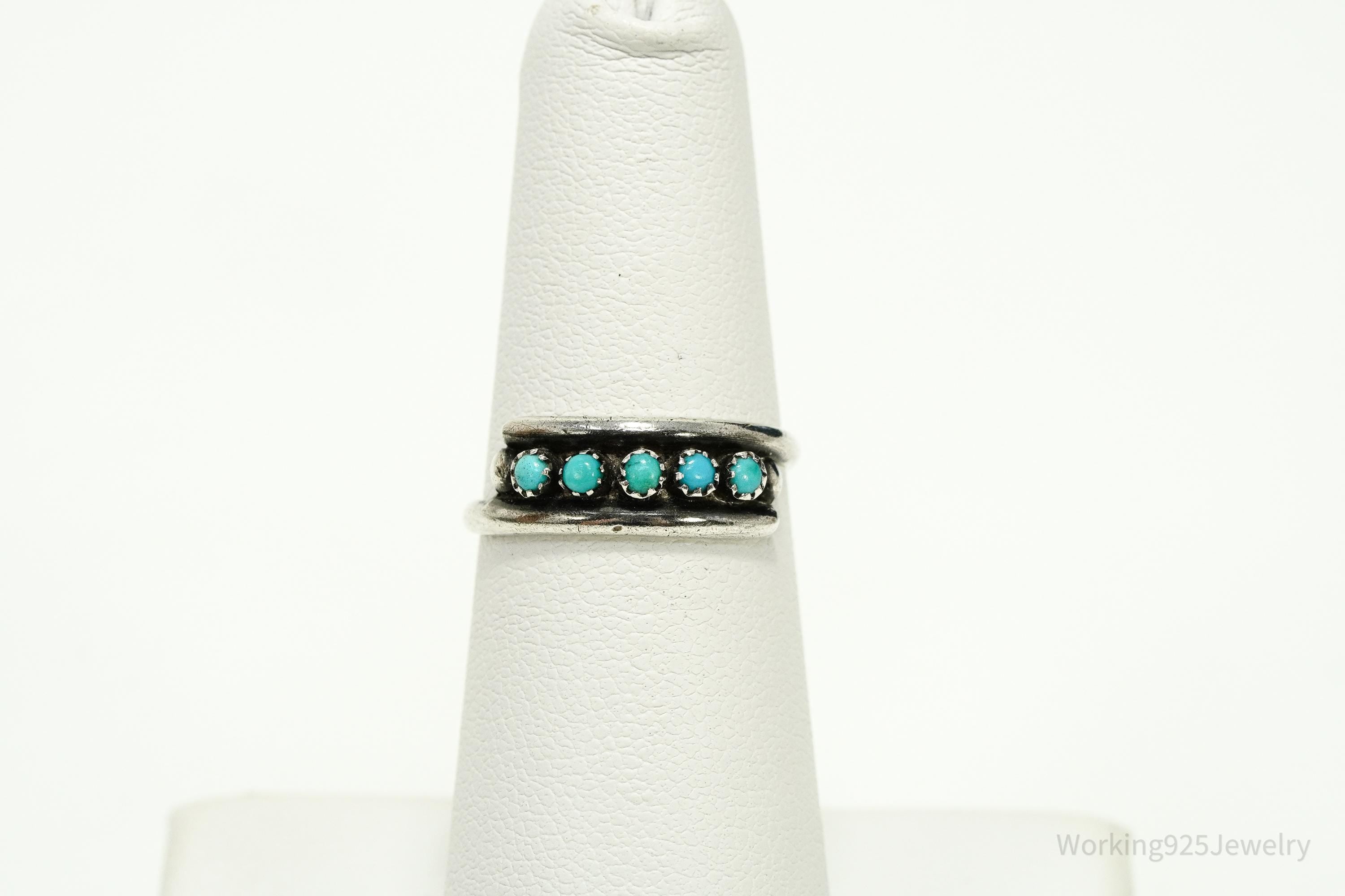 Vintage Handmade Native American Turquoise Unsigned Silver Ring - Size 5.5