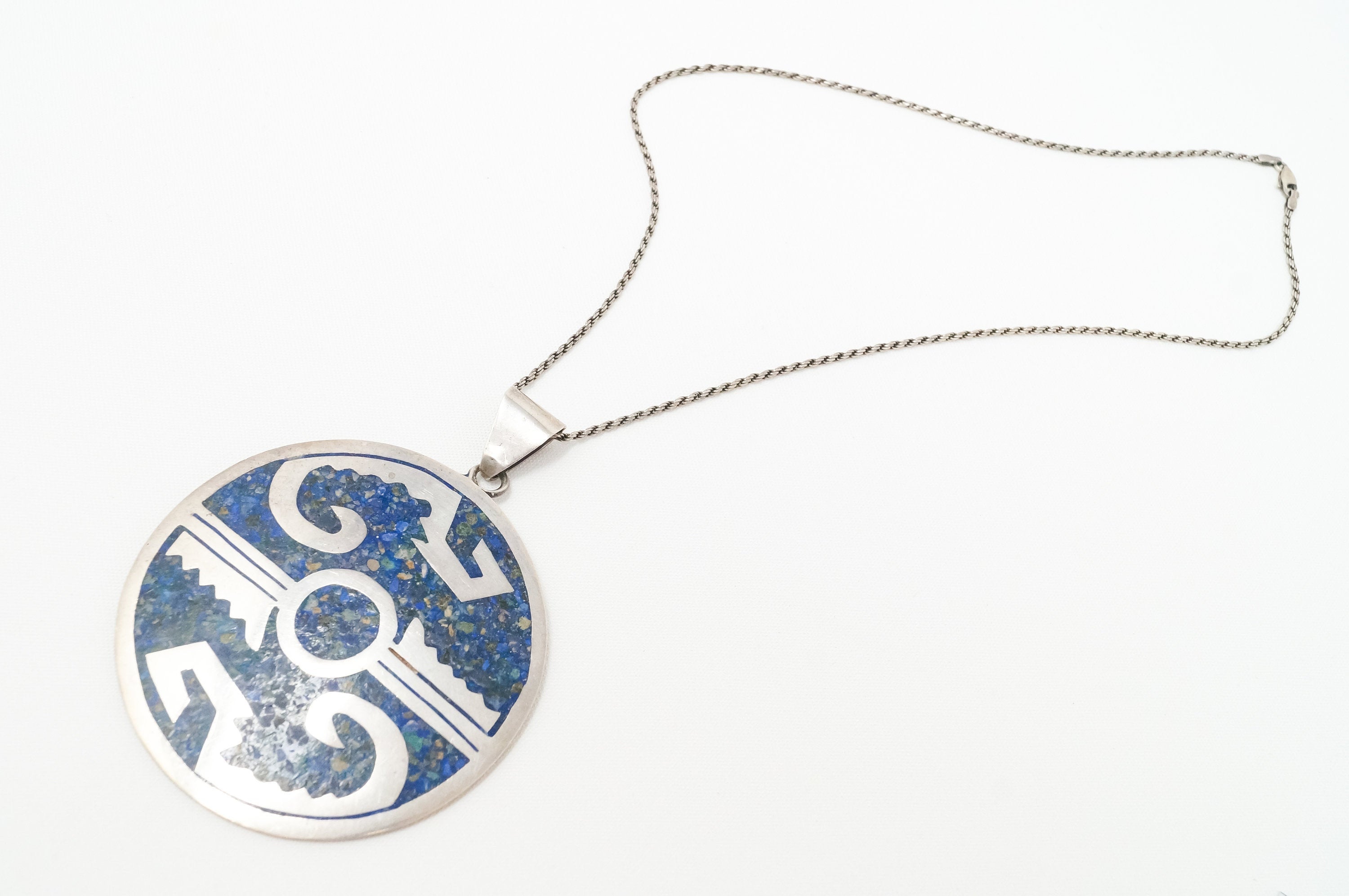 Vintage Large Mexico Handmade Lapis Lazuli Sterling Silver Aztec Necklace