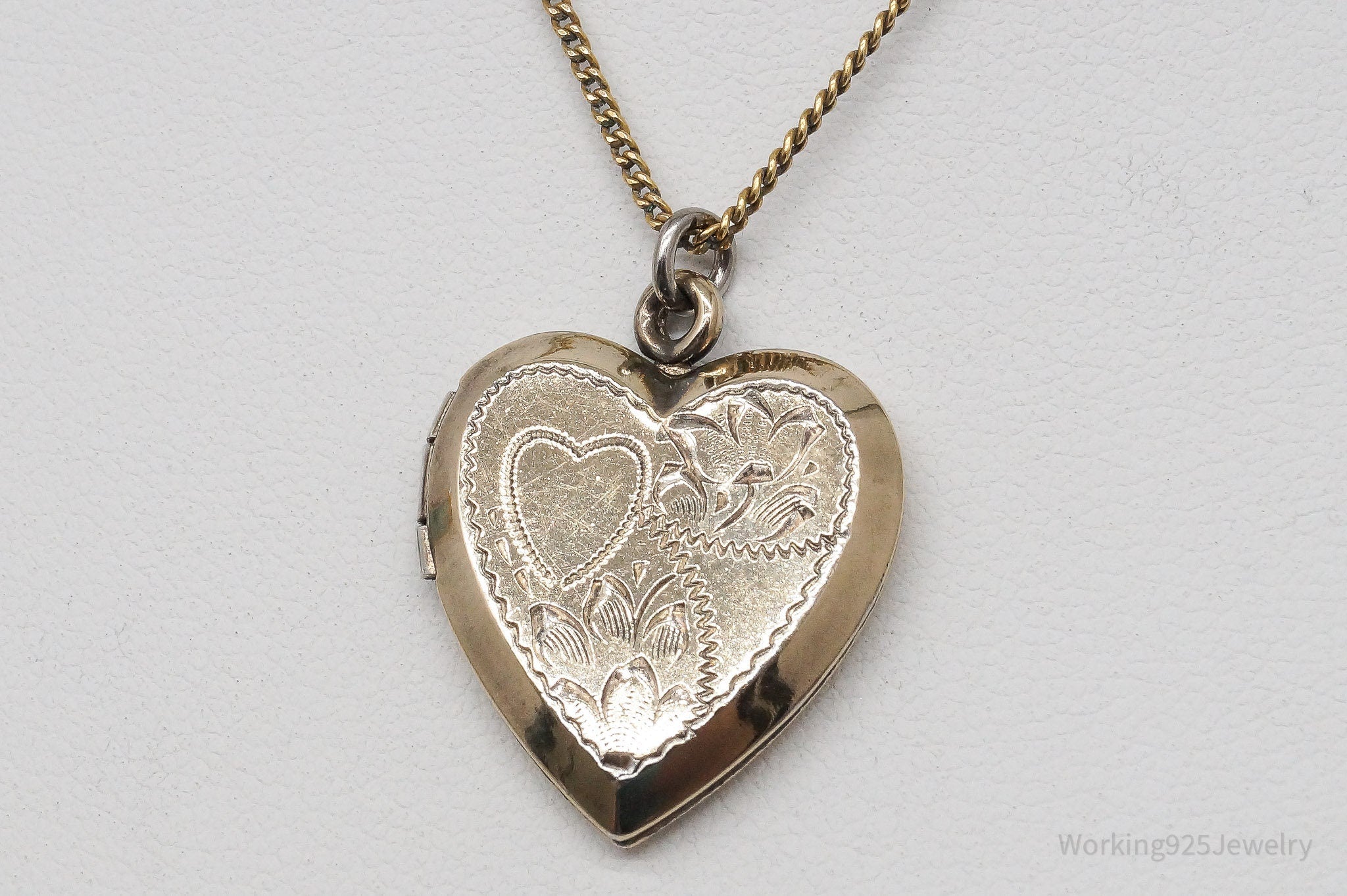 Antique S & C 12K Gold Filled Heart Locket Sterling Silver Necklace - 18"