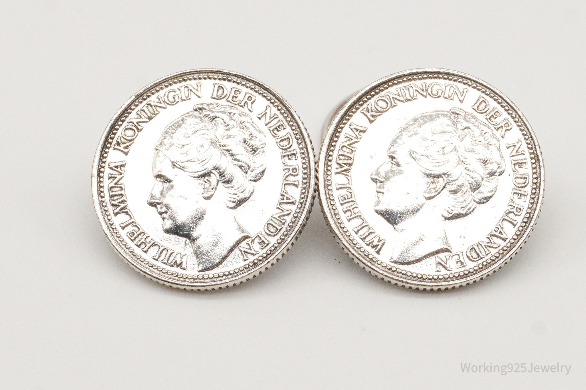 Vintage Wilhelmina Koningin Der Nederlanden Coins Silver Cufflinks