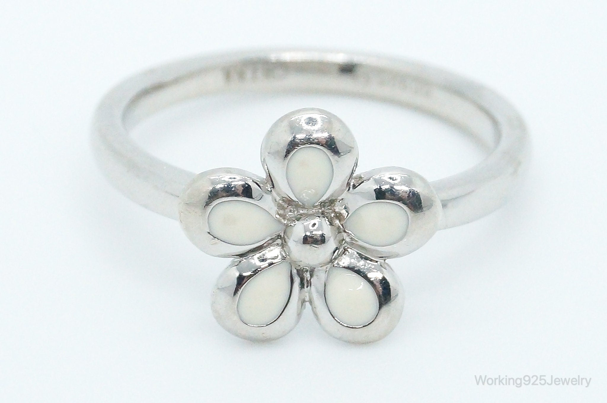 Vintage Enamel Flower Sterling Silver Ring - Size 10