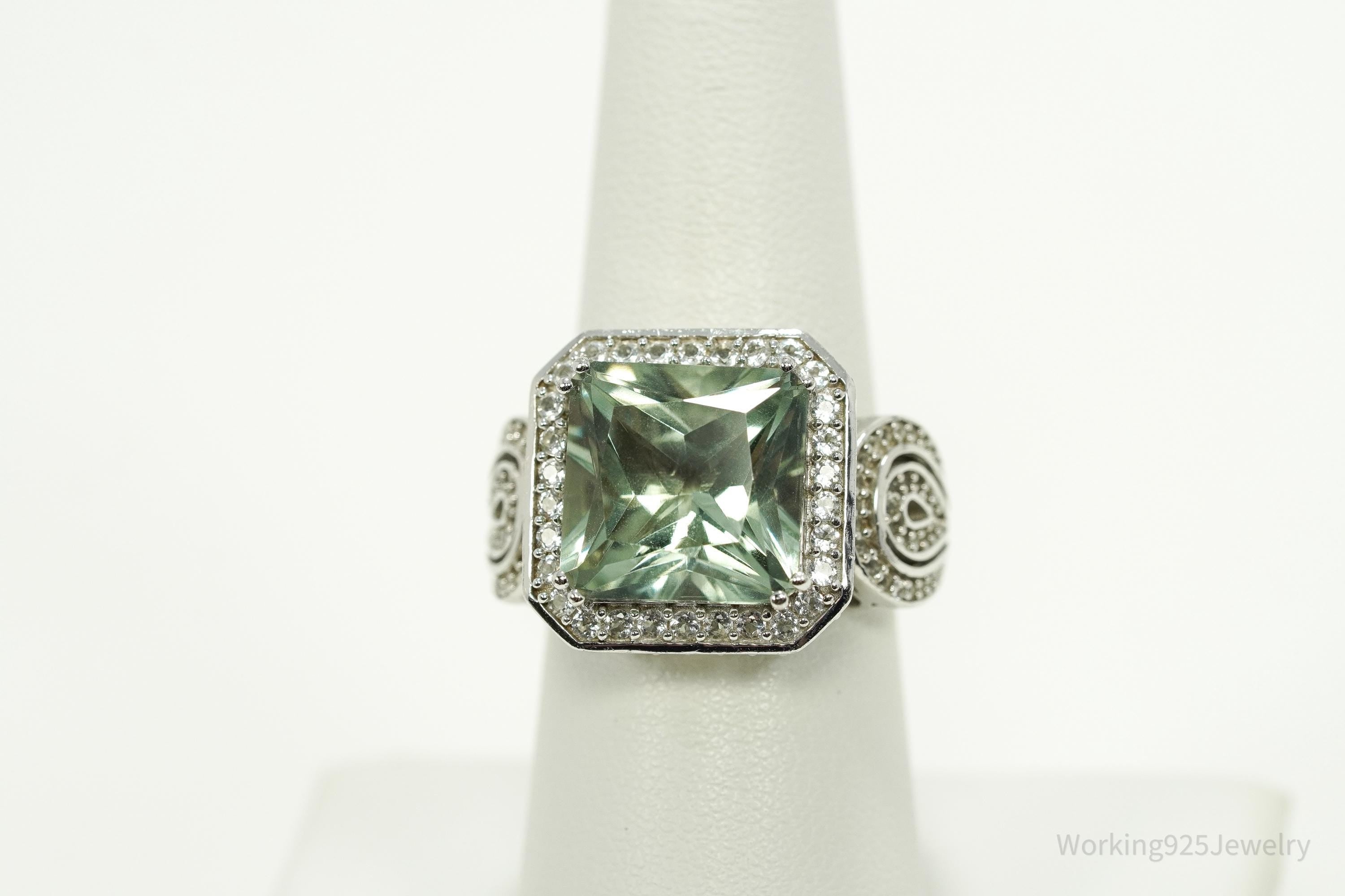 Large Green Amethyst & White Topaz Sterling Silver Ring - Size 7