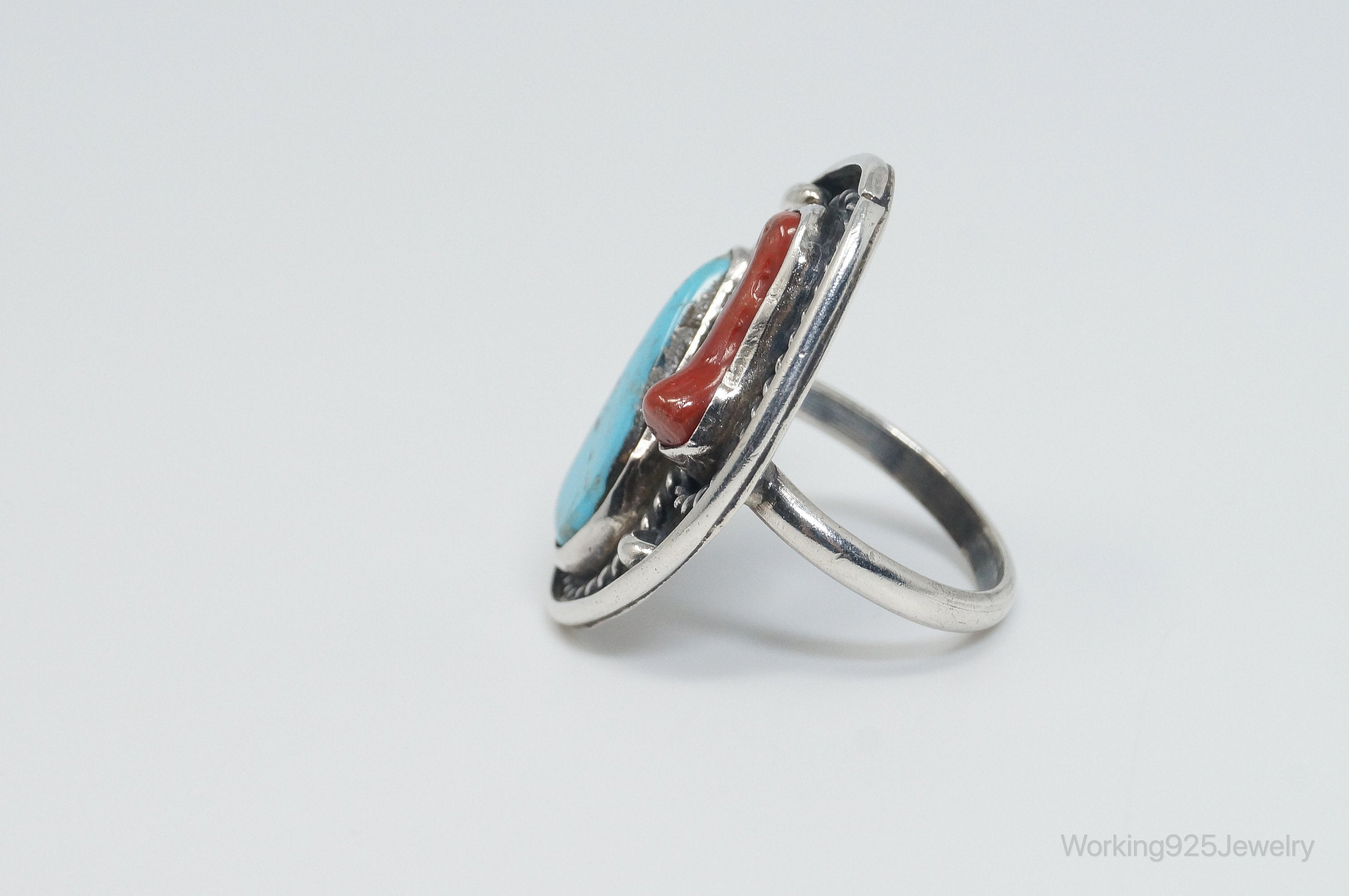 Vtg Native American VB Turquoise Coral Sterling Silver Ring - Sz 7.25