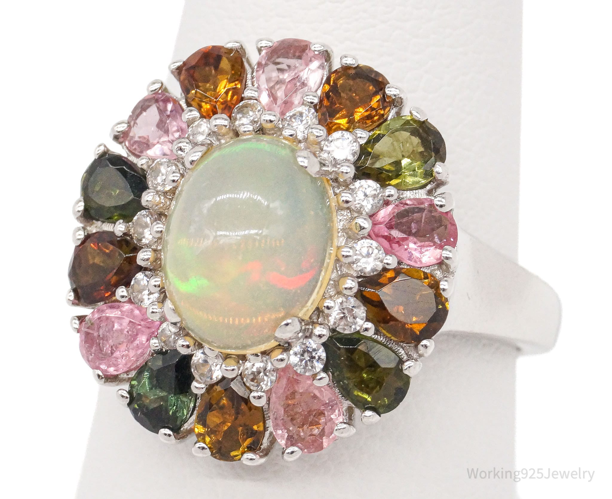 Ethiopian Opal Multicolored Tourmaline Zircon Rhodium Sterling Silver Ring SZ 8