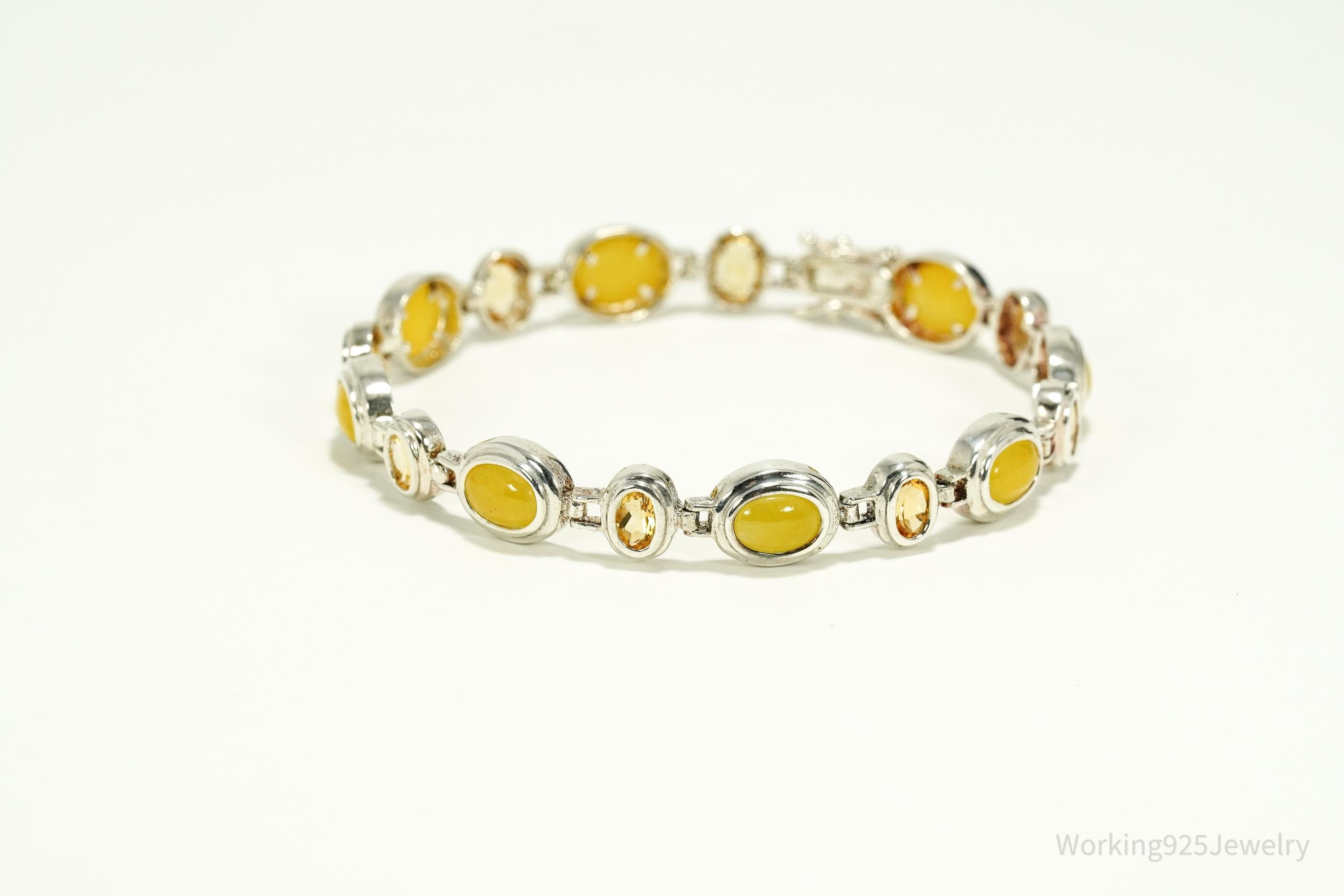 Vintage Yellow Jade & Citrine Sterling Silver Bracelet 7 7/8"