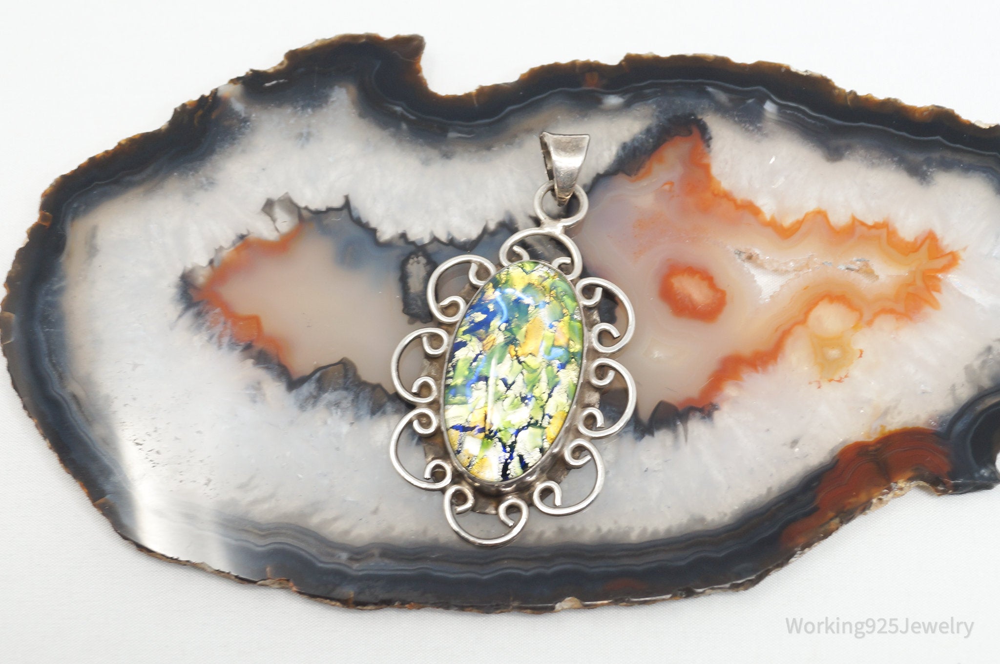 Vintage Large Mexico Dichroic Glass Flower Sterling Silver Necklace Pendant