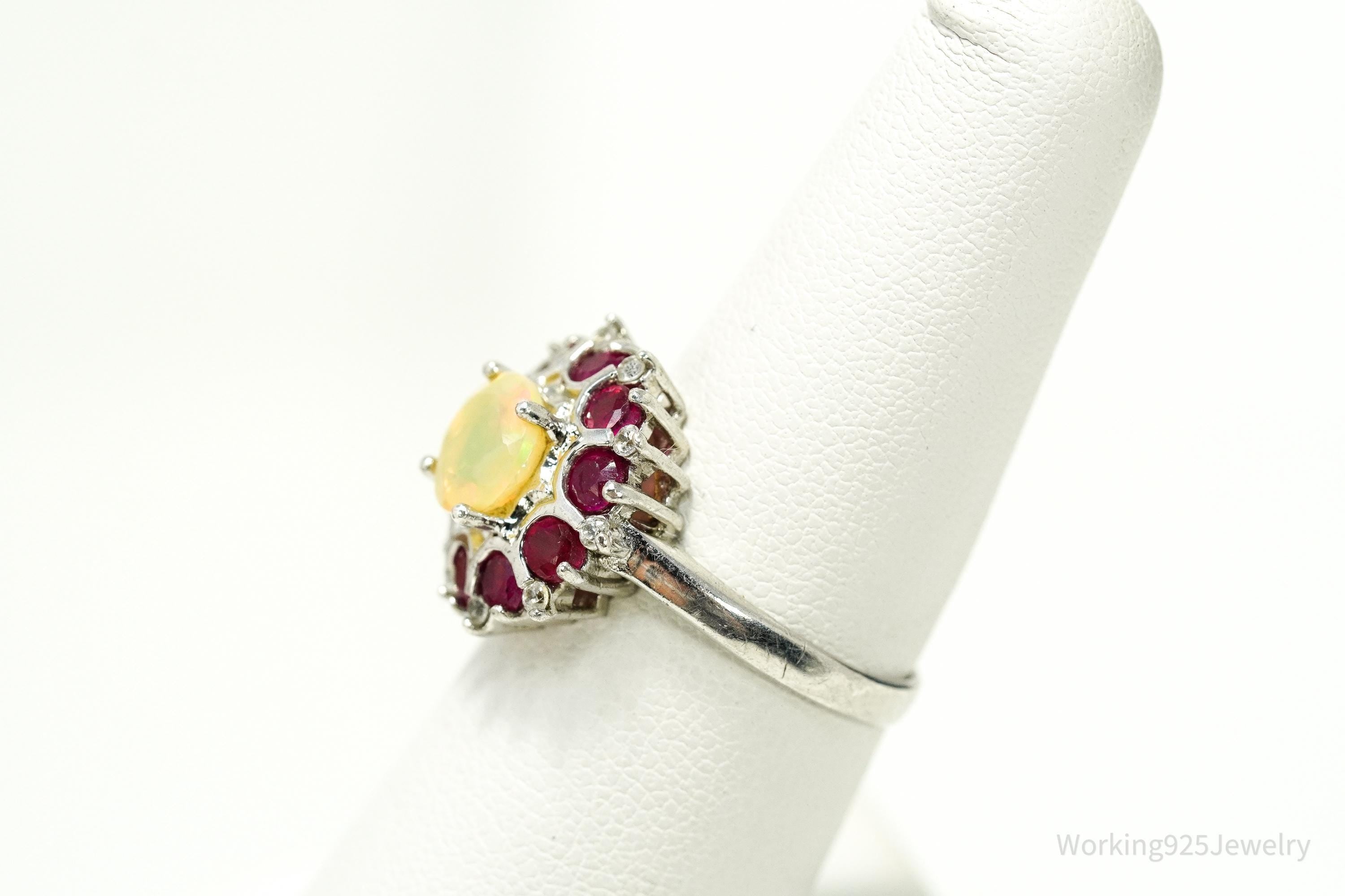 Vintage Ethiopian Opal & Ruby Sterling Silver Ring - Size 7