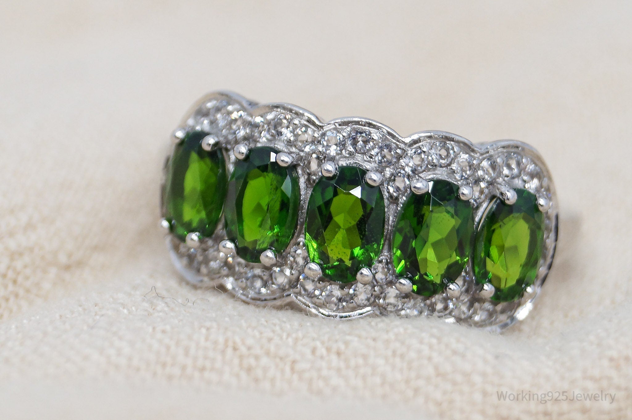 Green Chrome Diopside White Topaz Sterling Silver Ring - Size 9.75