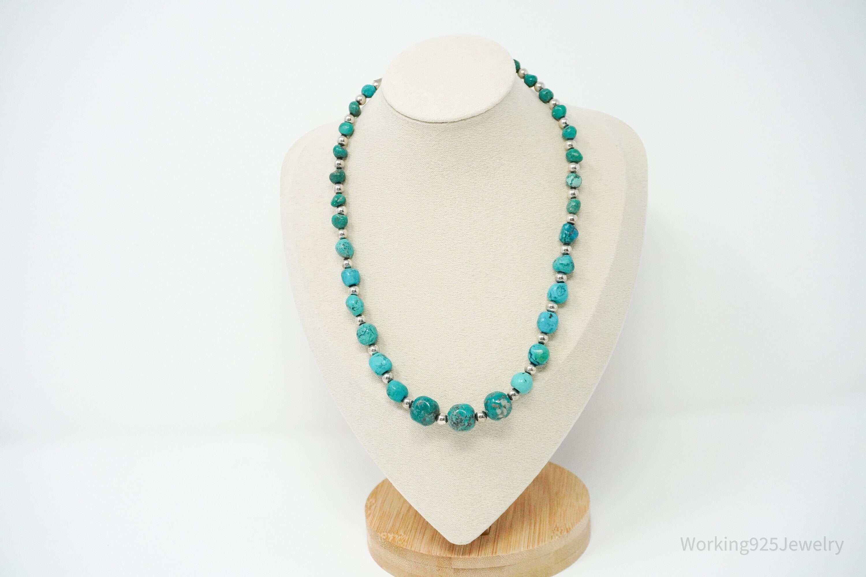 Vintage Designer Carolyn Pollack Relios Turquoise Bead Sterling Silver Necklace 20"