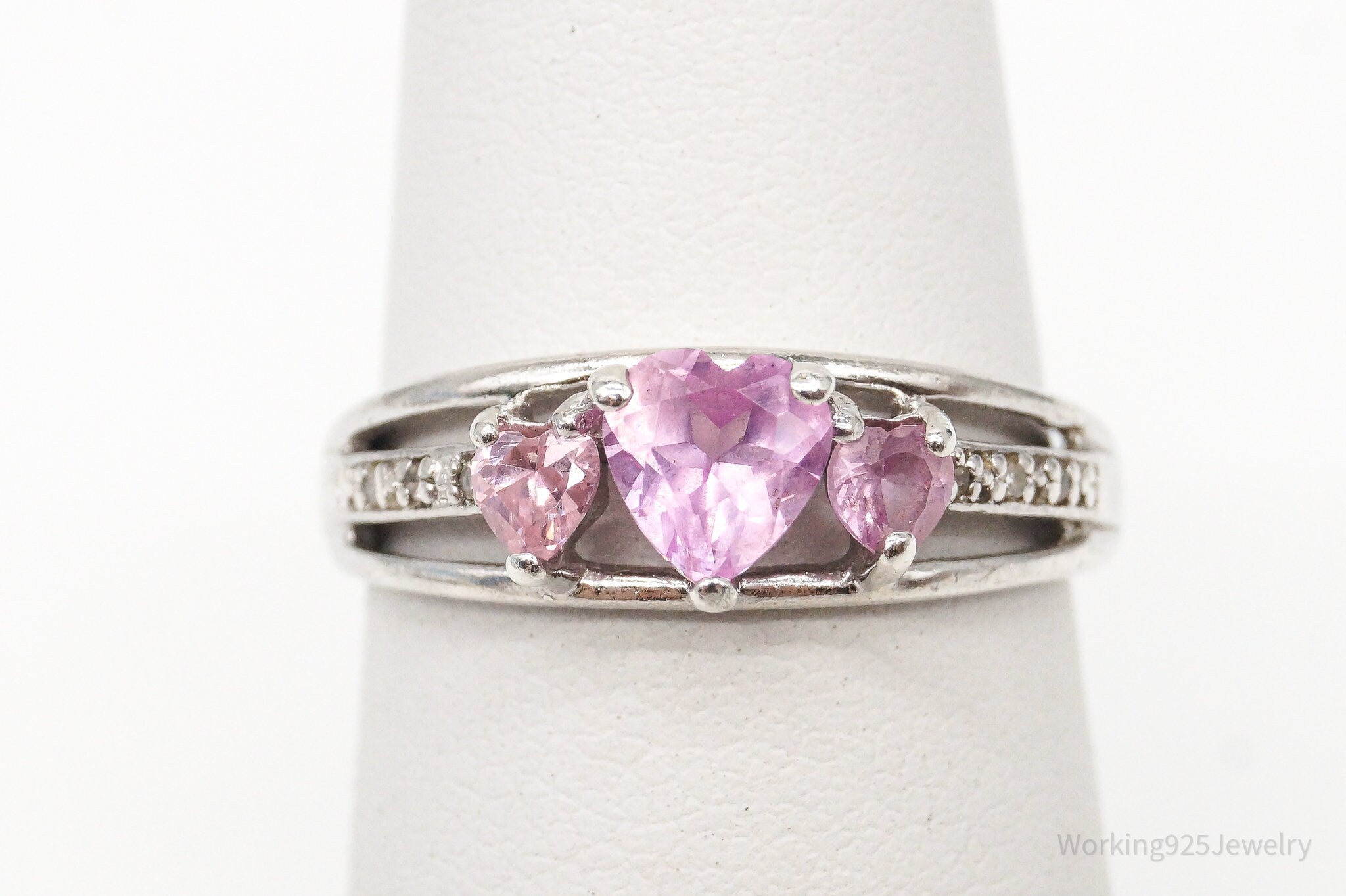 Vintage Pink Topaz Hearts Cubic Zirconia Silver Ring - Size 6