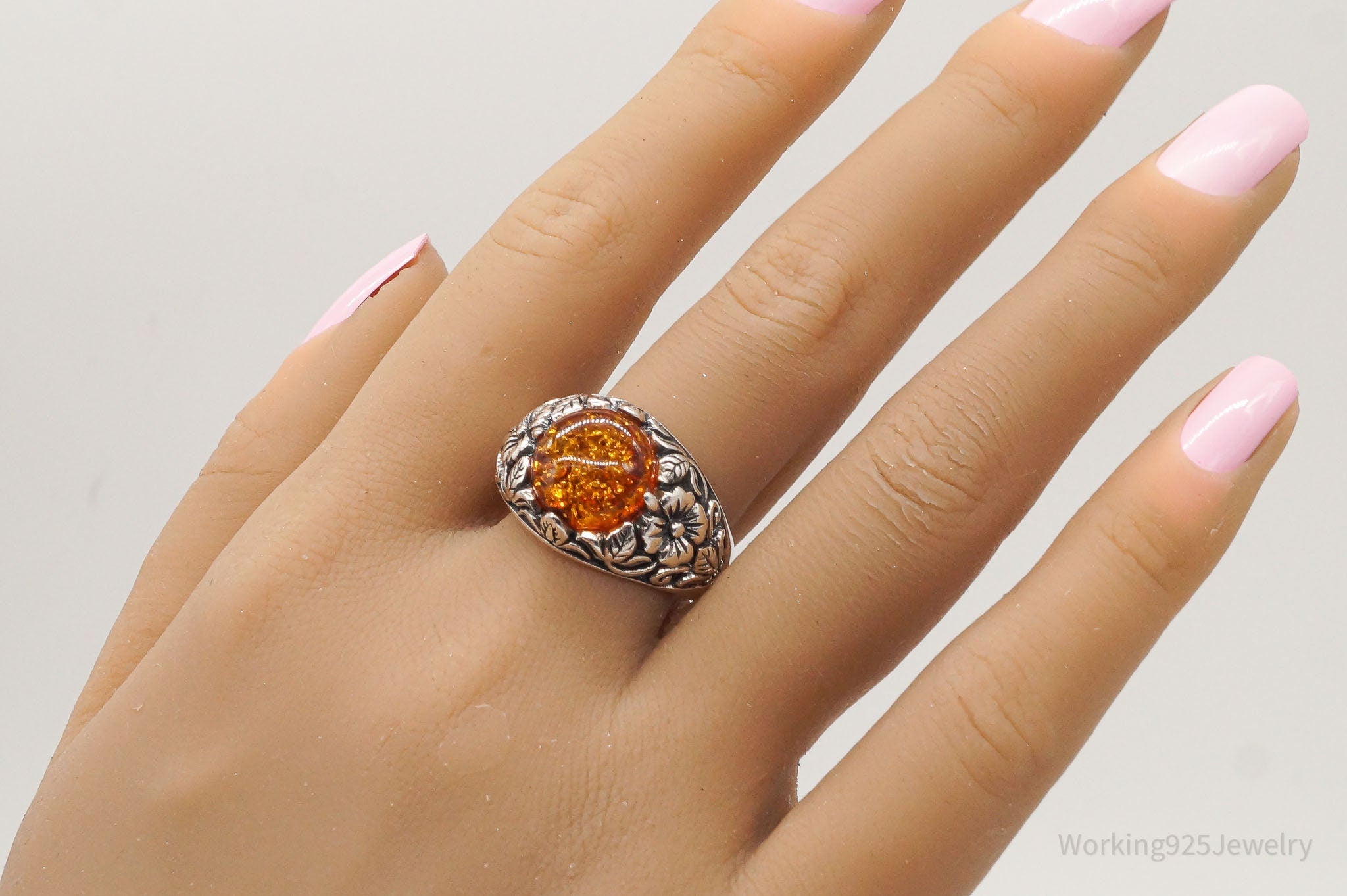 Vintage Designer BBJ Large Amber Floral Sterling Silver Ring - Size 10.75