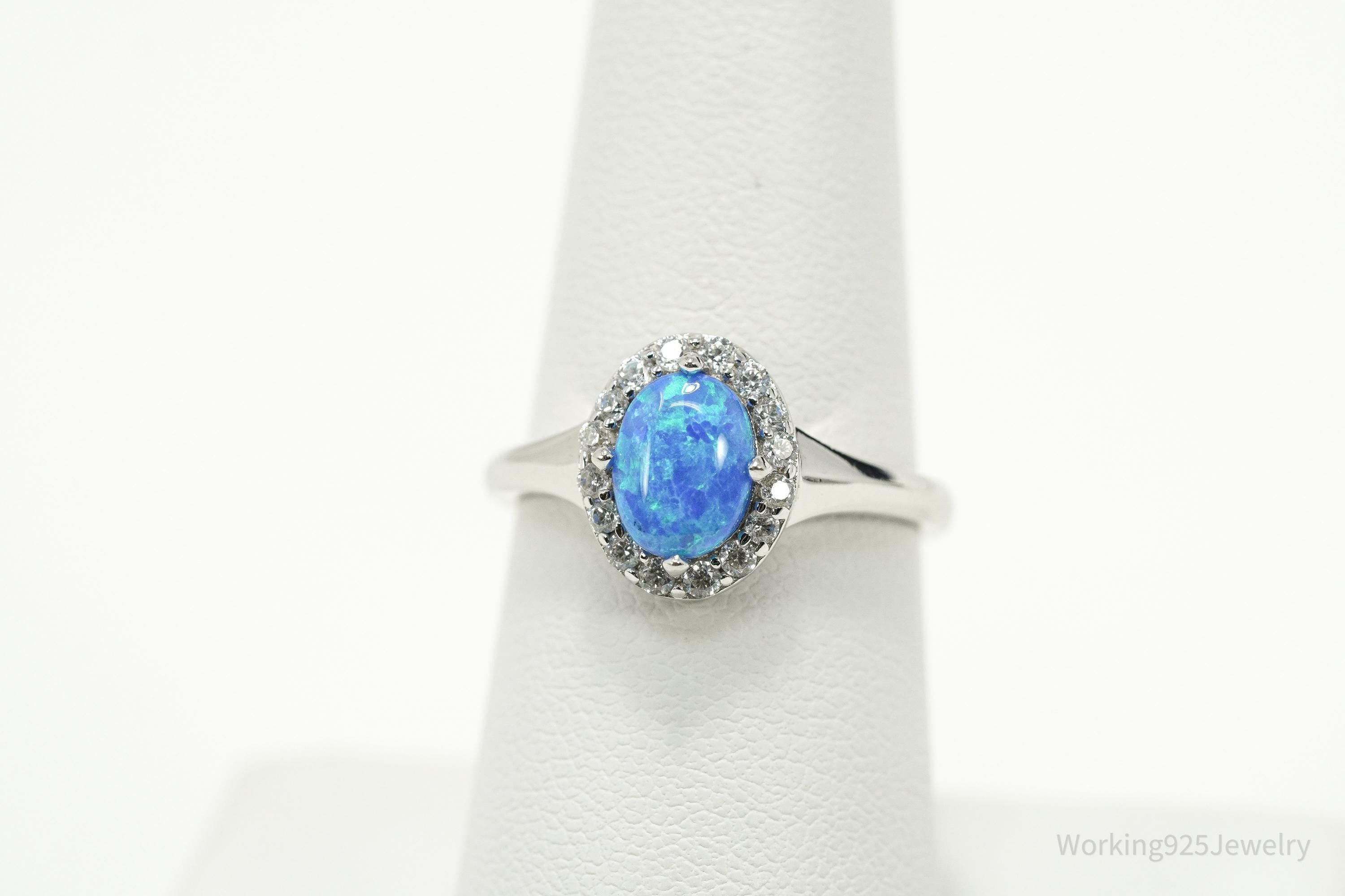 Vintage Opal & Cubic Zirconia Sterling Silver Ring - Size 7