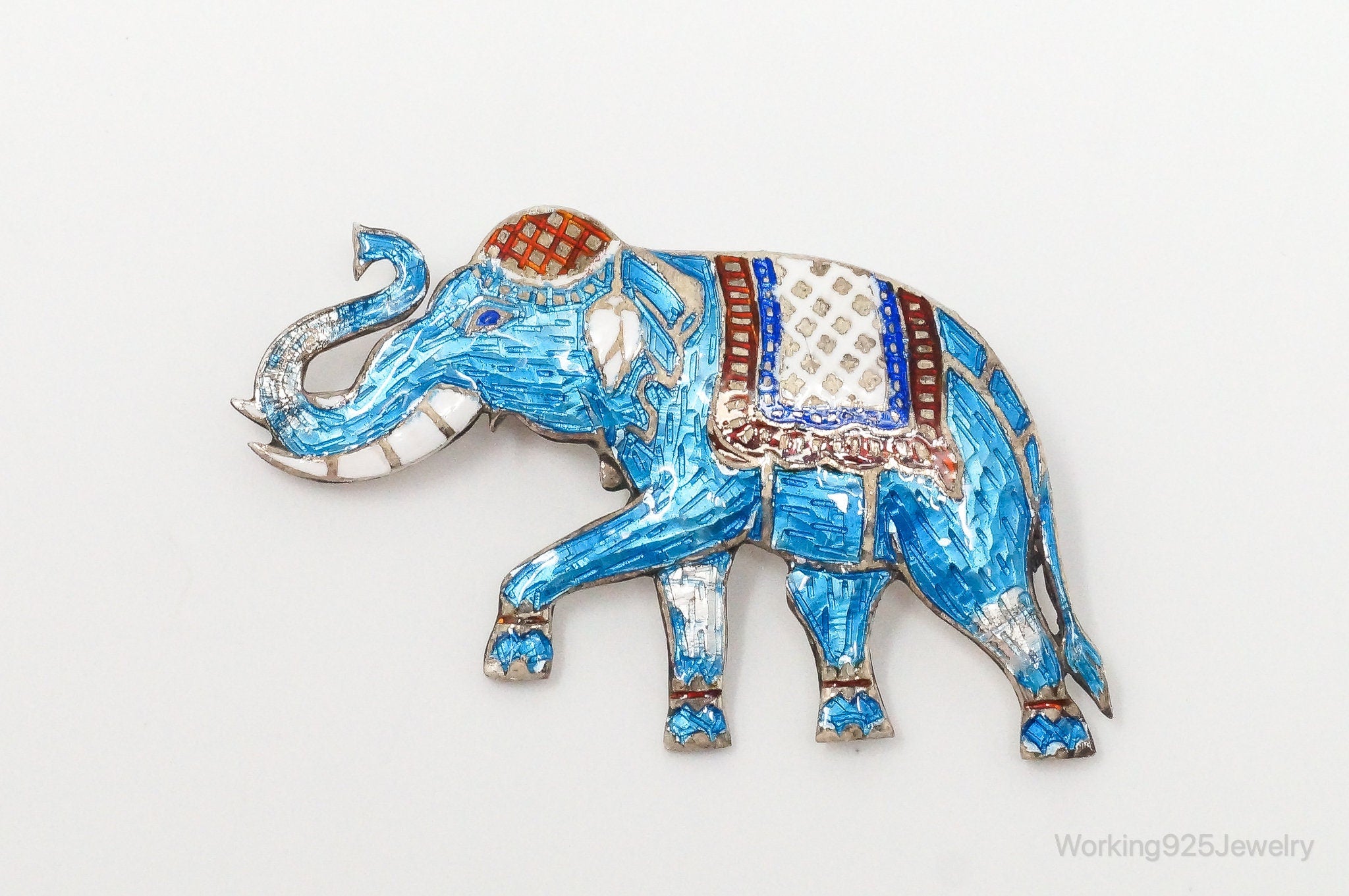 Vintage Designer SIAM NIELLO Elephant Enamel Sterling Silver Brooch Pin