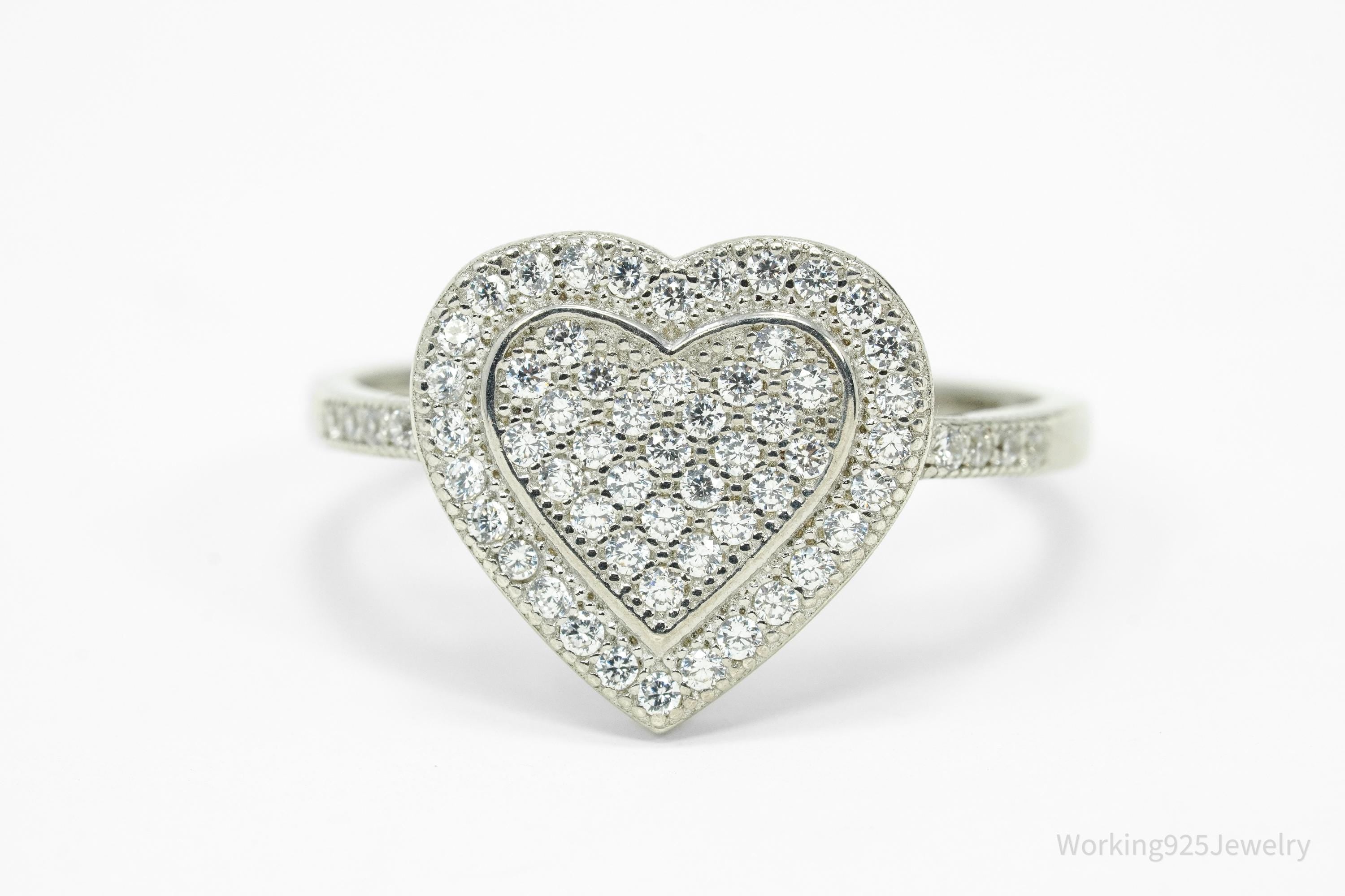 Vintage Cubic Zirconia Heart Sterling Silver Ring - Size 10.25