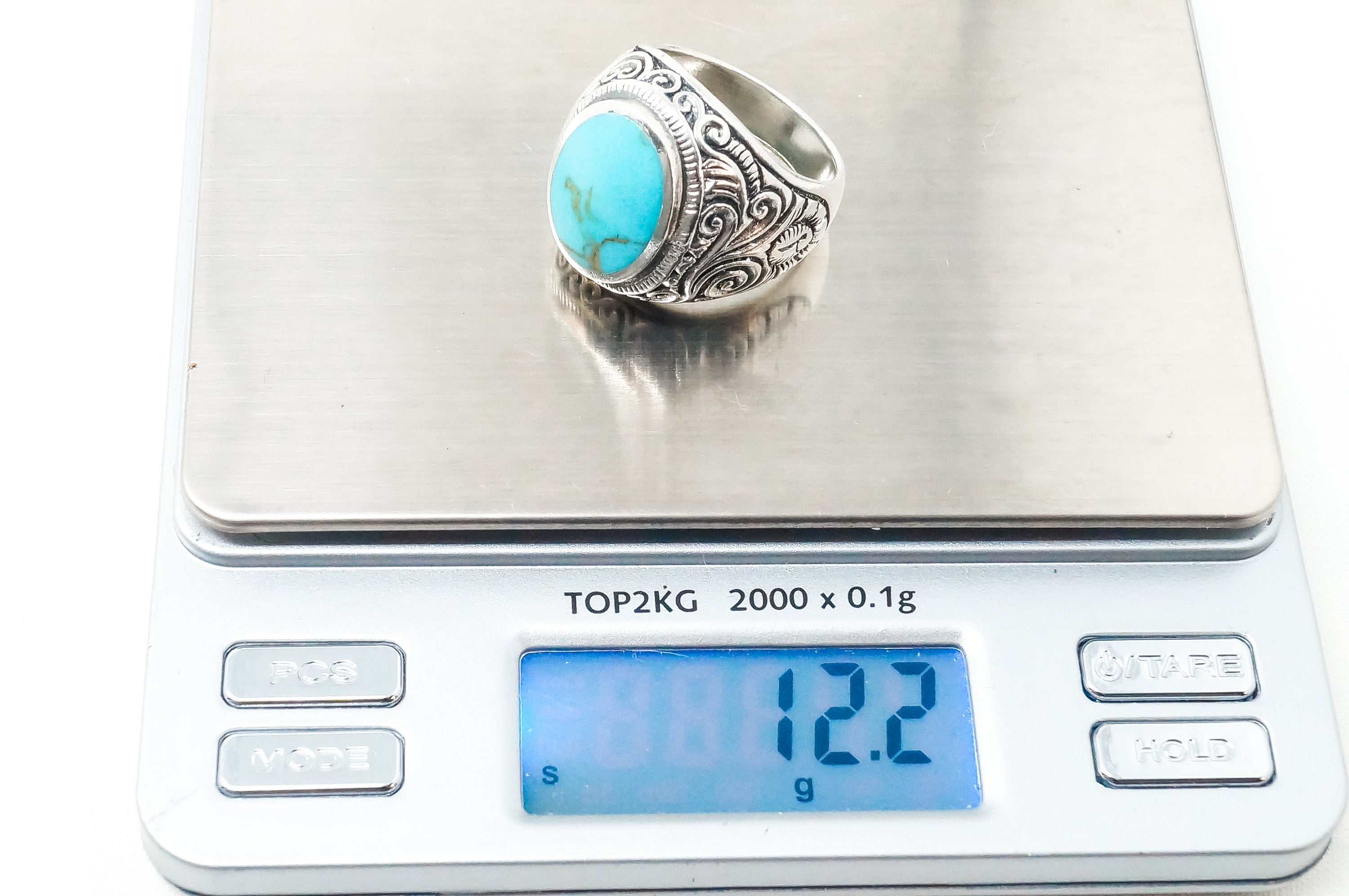 Vintage Large Turquoise Etched Scroll Design Sterling Silver Ring - Sz 10