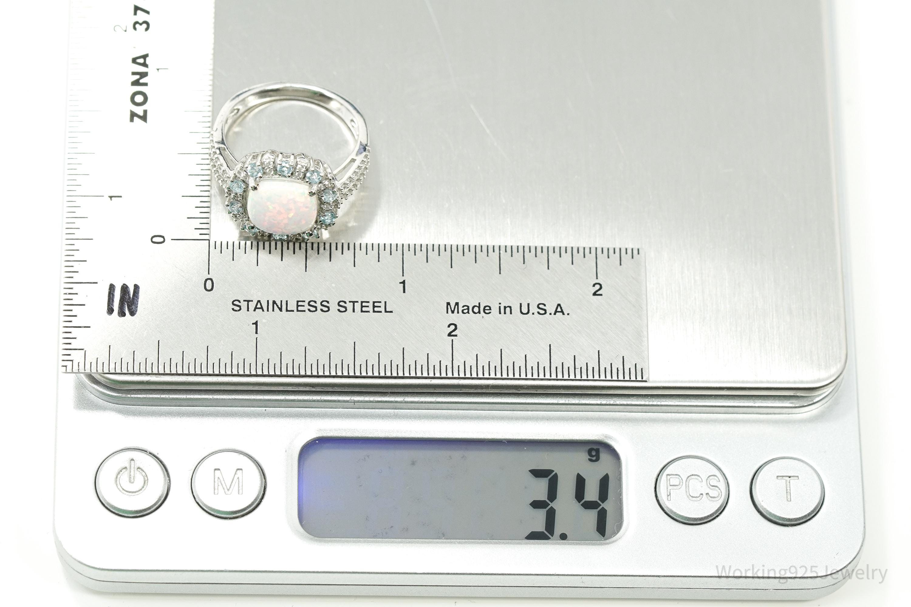 Vintage JWBR Sterling Silver Ring • Opal, Blue Topaz & CZ Cluster Size 7