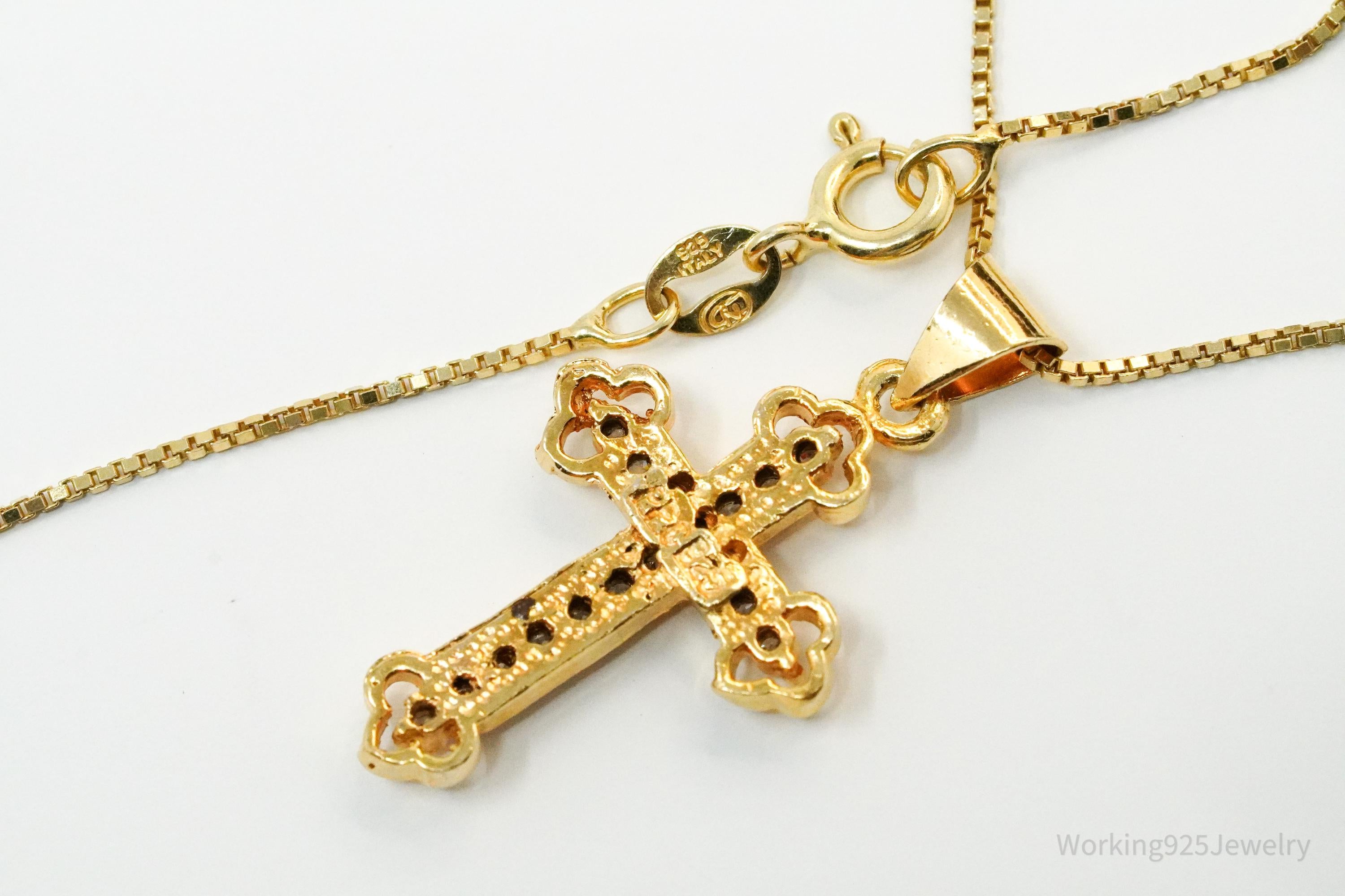 Vintage Cubic Zirconia Gold Over Sterling Silver Cross Necklace 22"