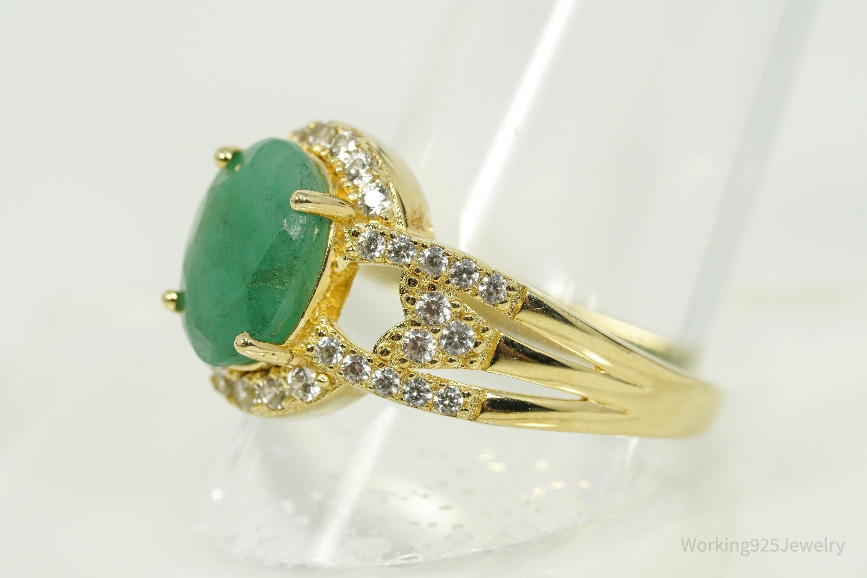 Vintage Emerald & White Topaz Gold Vermeil Sterling Silver Ring Size 8