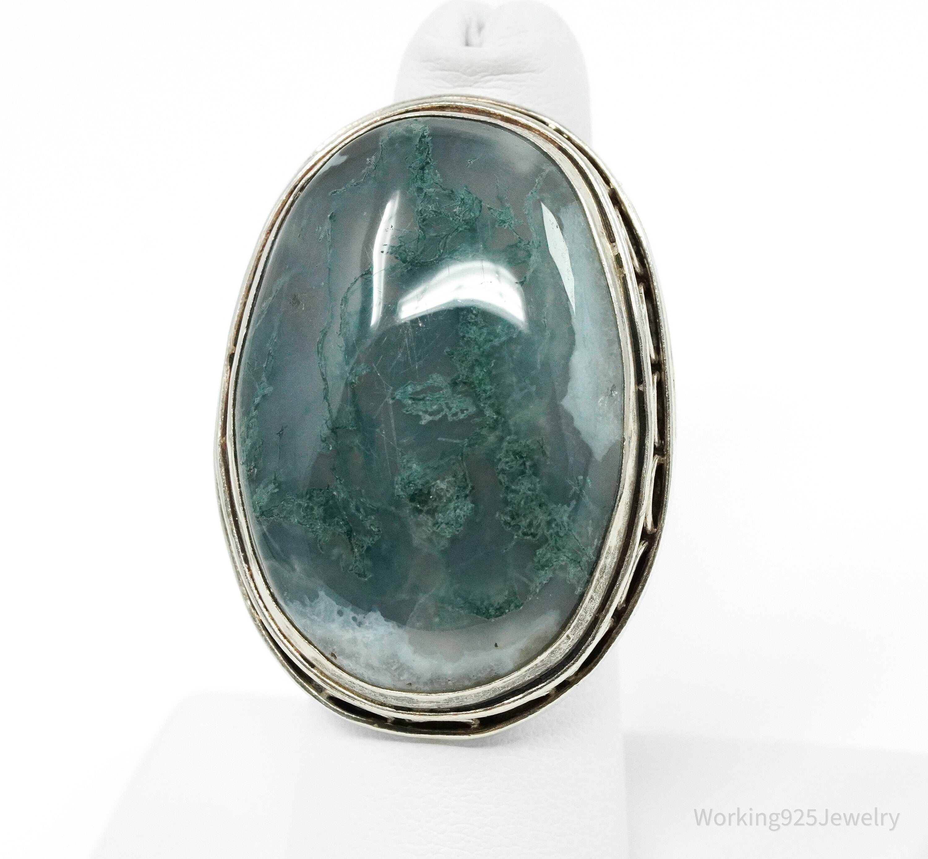 Vintage Large Moss Agate Sterling Silver Ring - Size 7.5