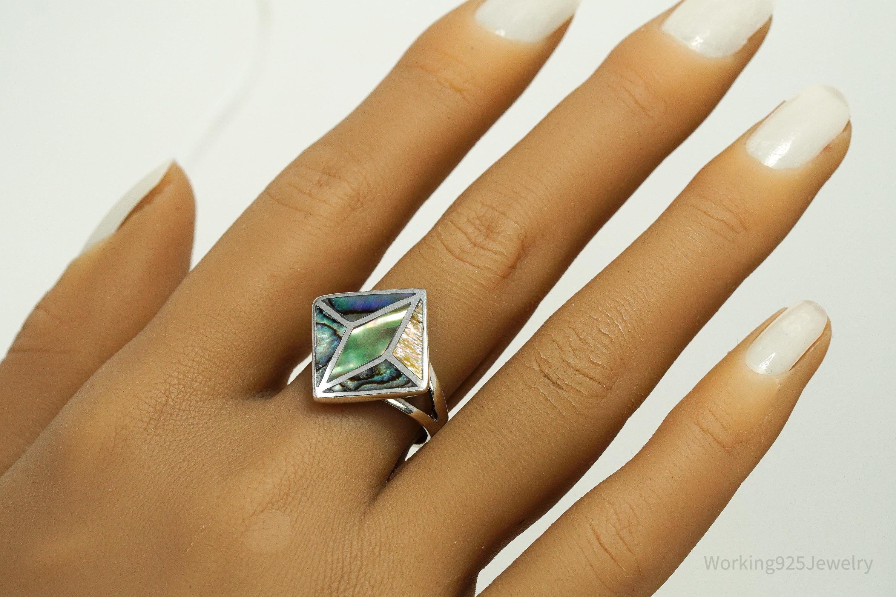 Vintage Paua Abalone Shell Inlay Sterling Silver Ring - Size 8.5