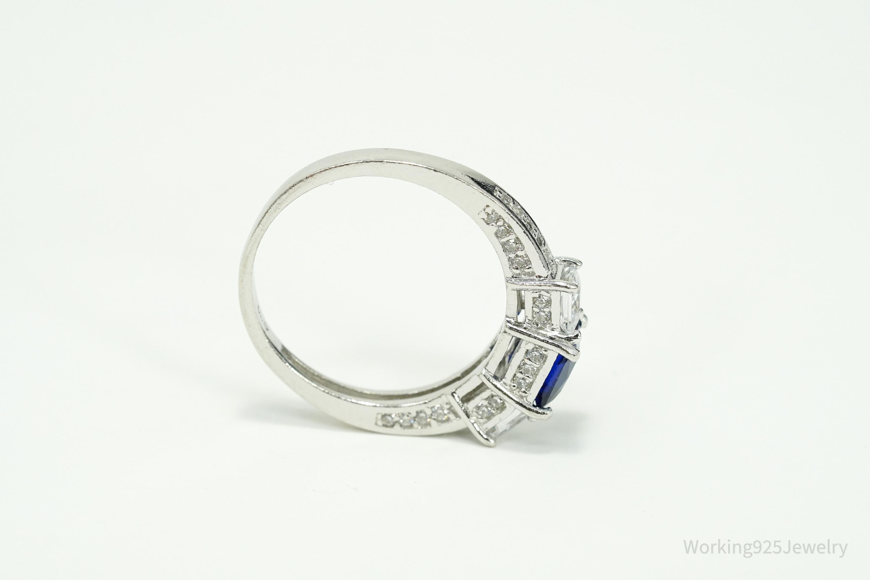 Vintage Lab Sapphire & Cubic Zirconia Sterling Silver Ring - Size 12.25