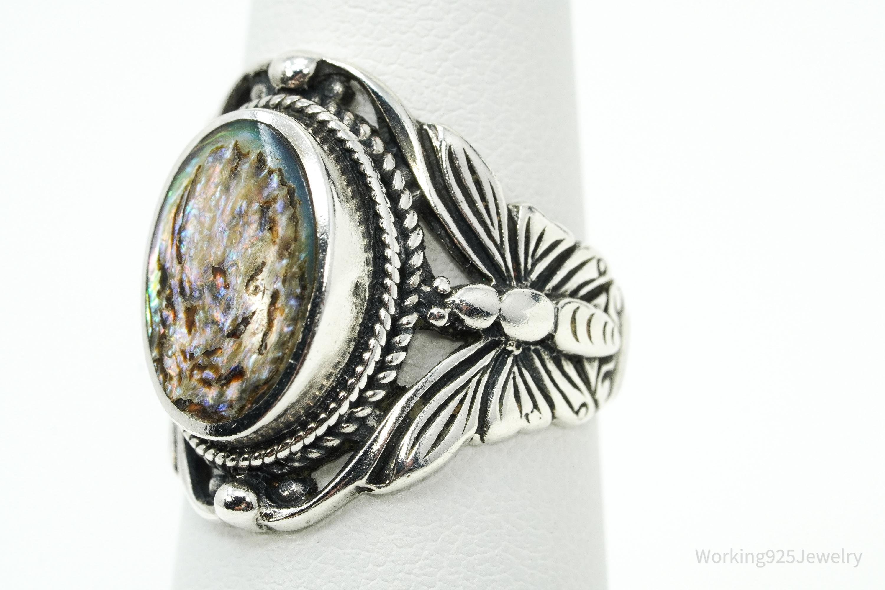 Vintage Paua Abalone Shell Sterling Silver Ring - Size 6.75