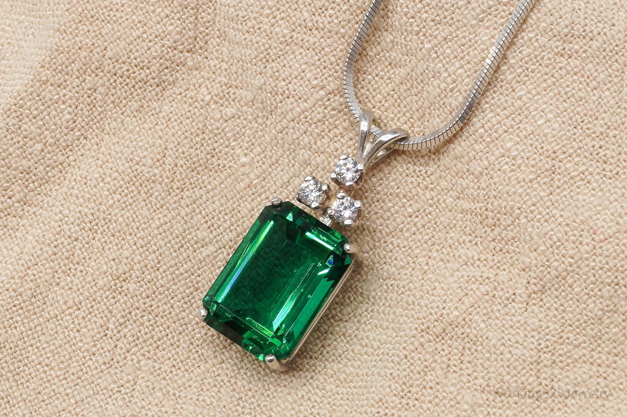 Vintage Lab Emerald Cubic Zirconia Sterling Silver Necklace 20"