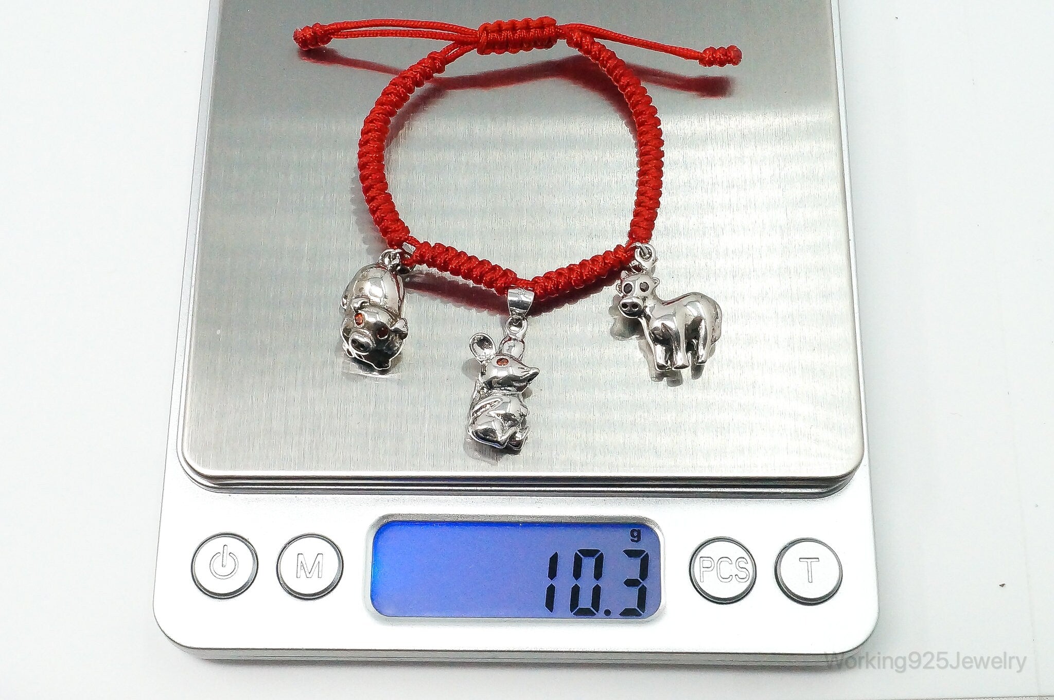 Vintage Animals Garnet Sterling Silver Charms Red Braided Cord Bracelet Adj.