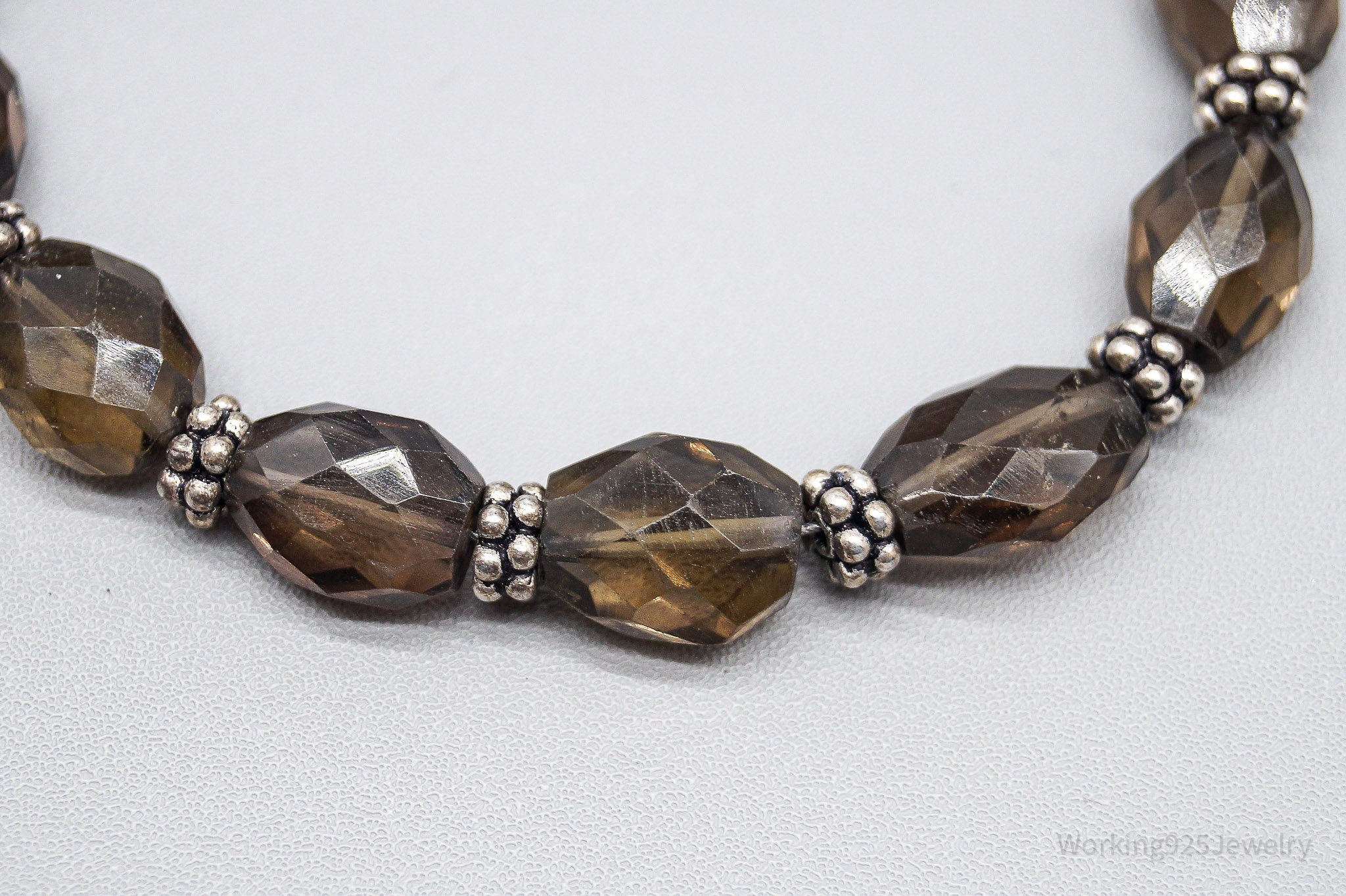 Vintage Smoky Topaz Bead Silver Toggle Bracelet - 7.5"