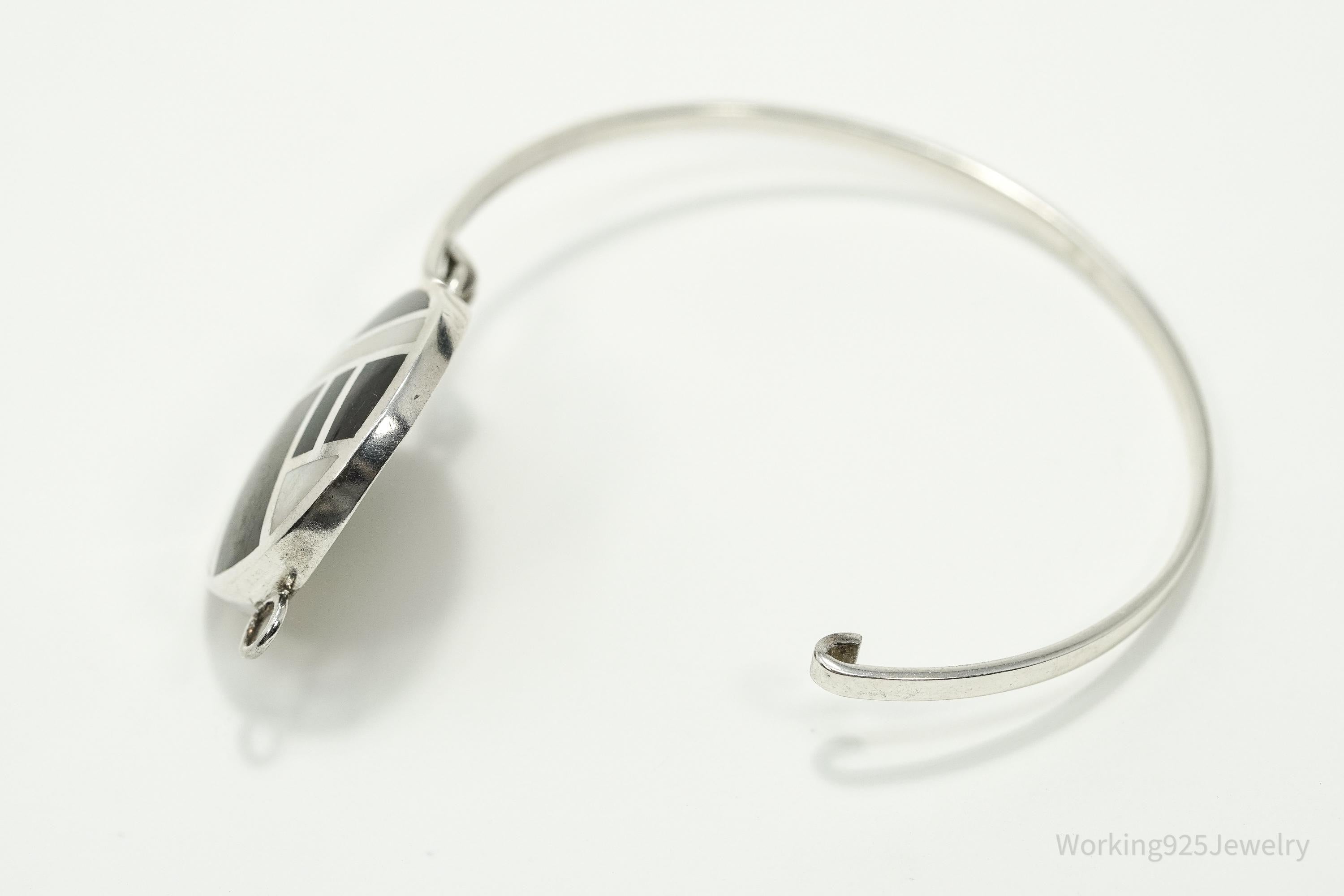 Vintage Black Onyx Mother Of Pearl Paua Shell Sterling Silver Bracelet 6.75"