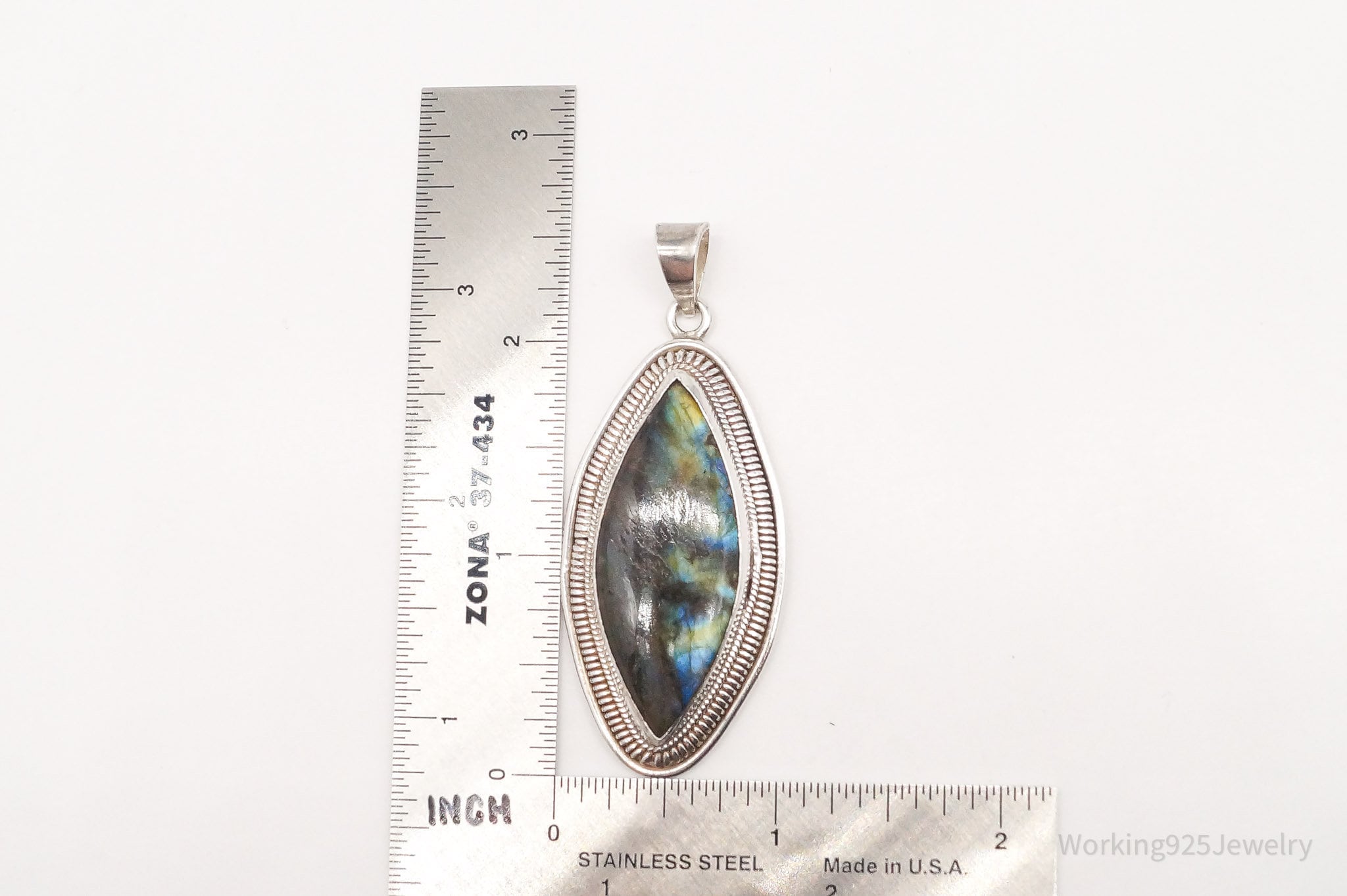 Vintage Long Large Labradorite Sterling Silver Necklace Pendant