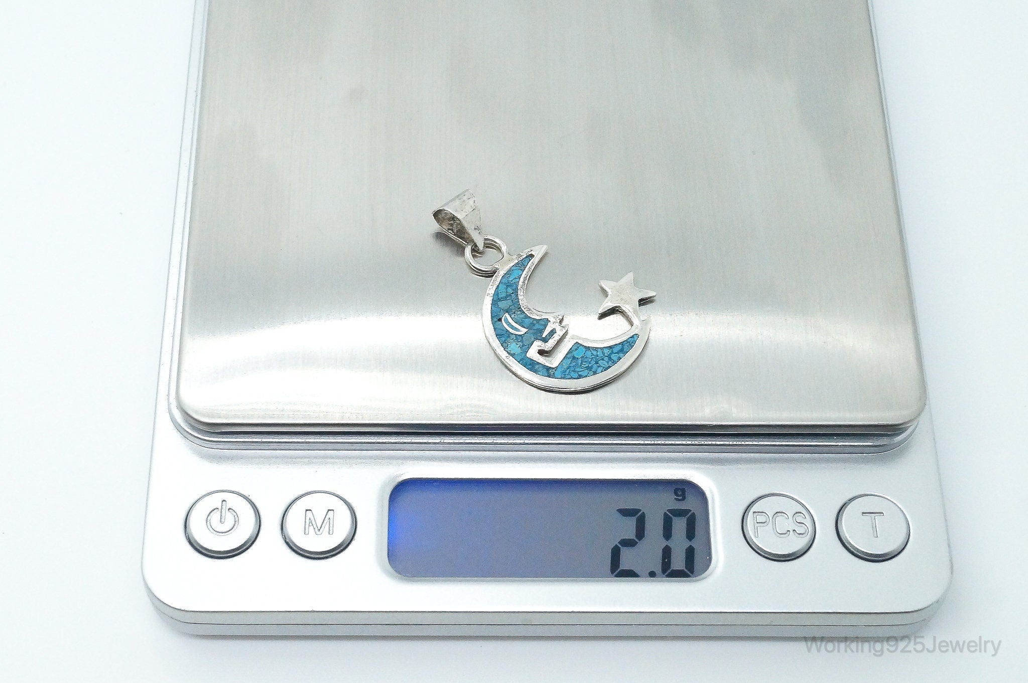 Large Vintage Mexico Turquoise Sterling Silver Moon Necklace Pendant