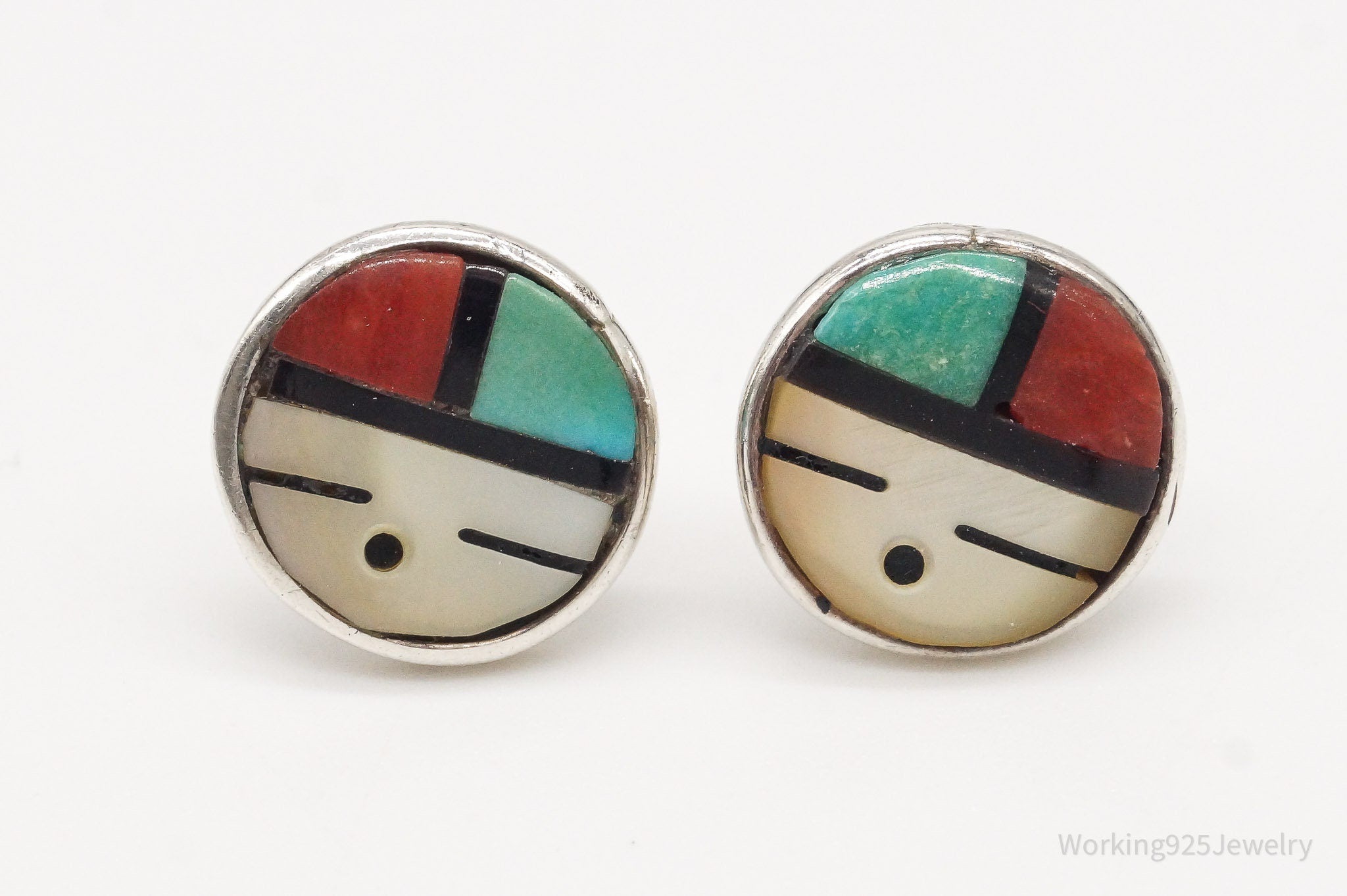 Vintage Native American Zuni Multi Gemstone Silver Earrings