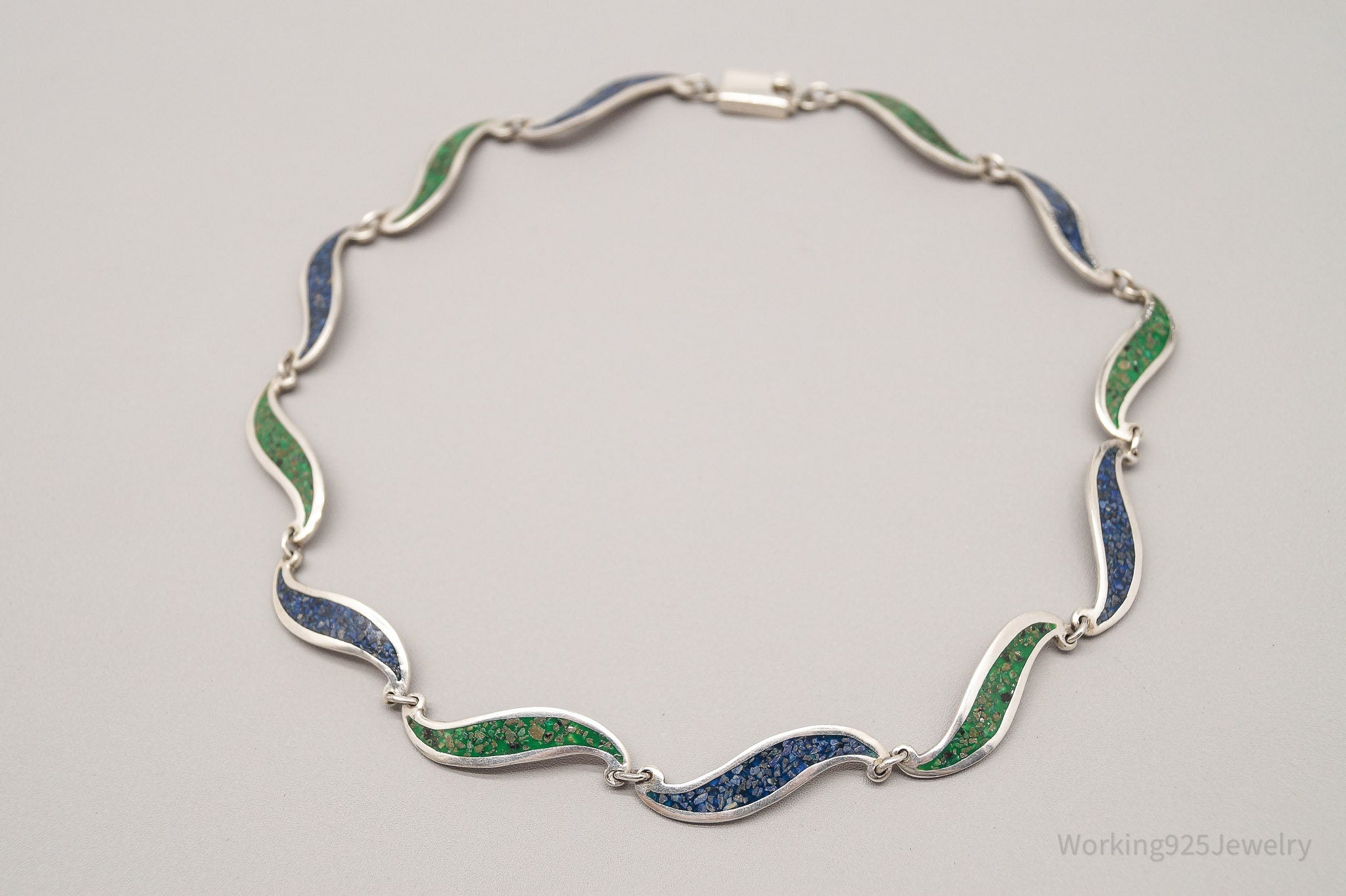 VTG Mexico Modernist Lapis Lazuli & Malachite Inlay Sterling Silver Necklace