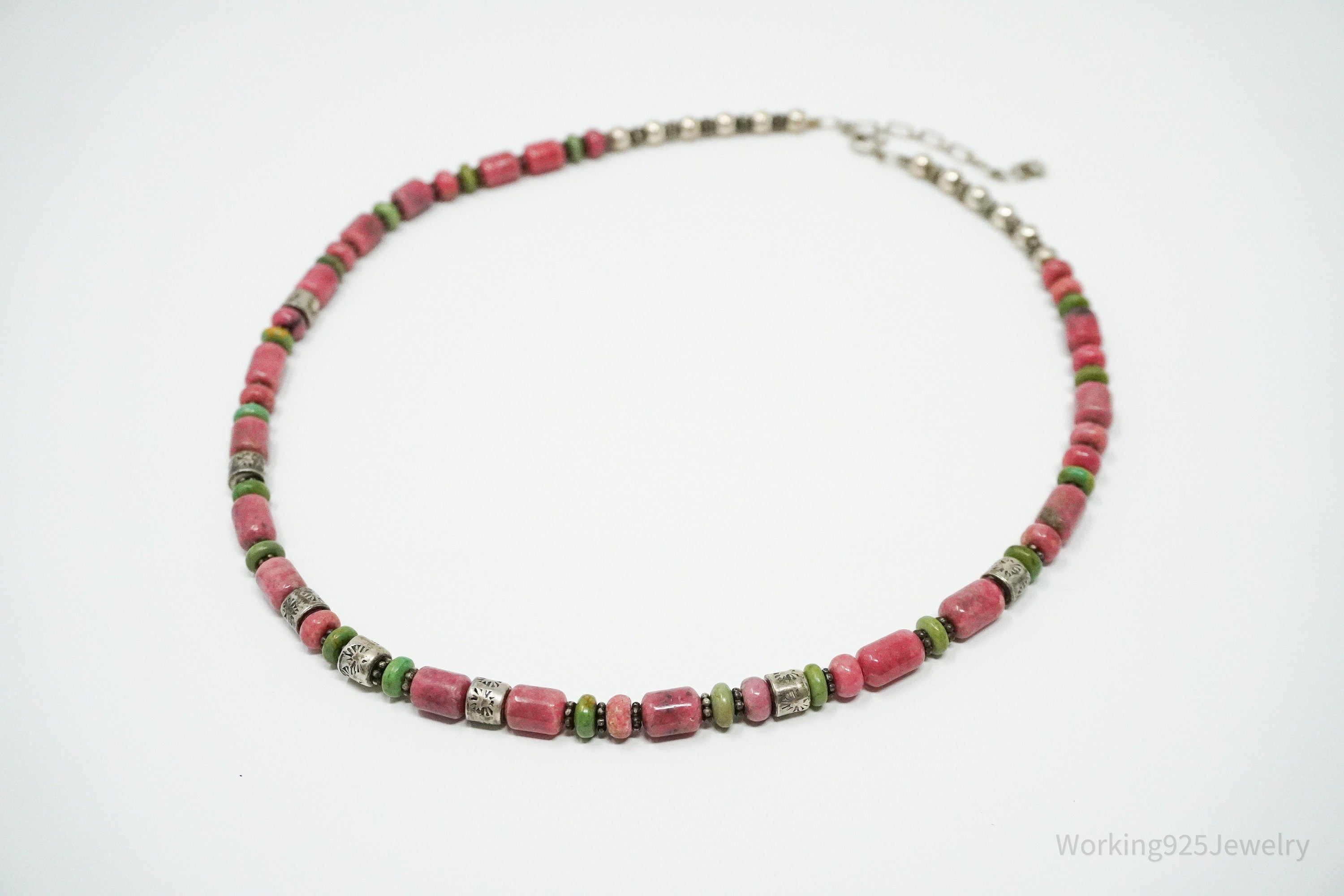 Vintage Western Rhodonite & Turquoise Bead Sterling Silver Necklace 19"