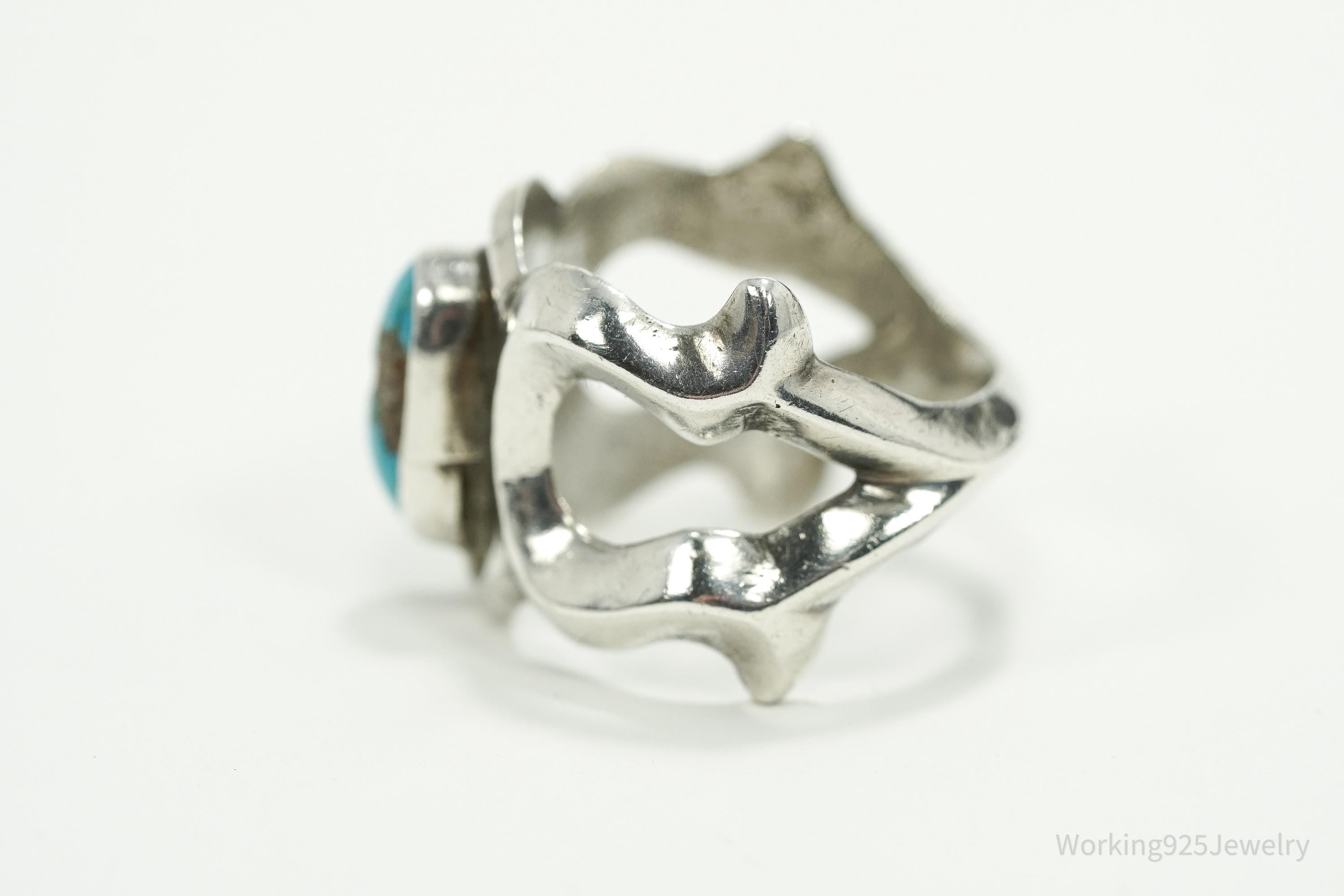 Vintage Handmade Native American Turquoise Unsigned Silver Ring - Size 5.5