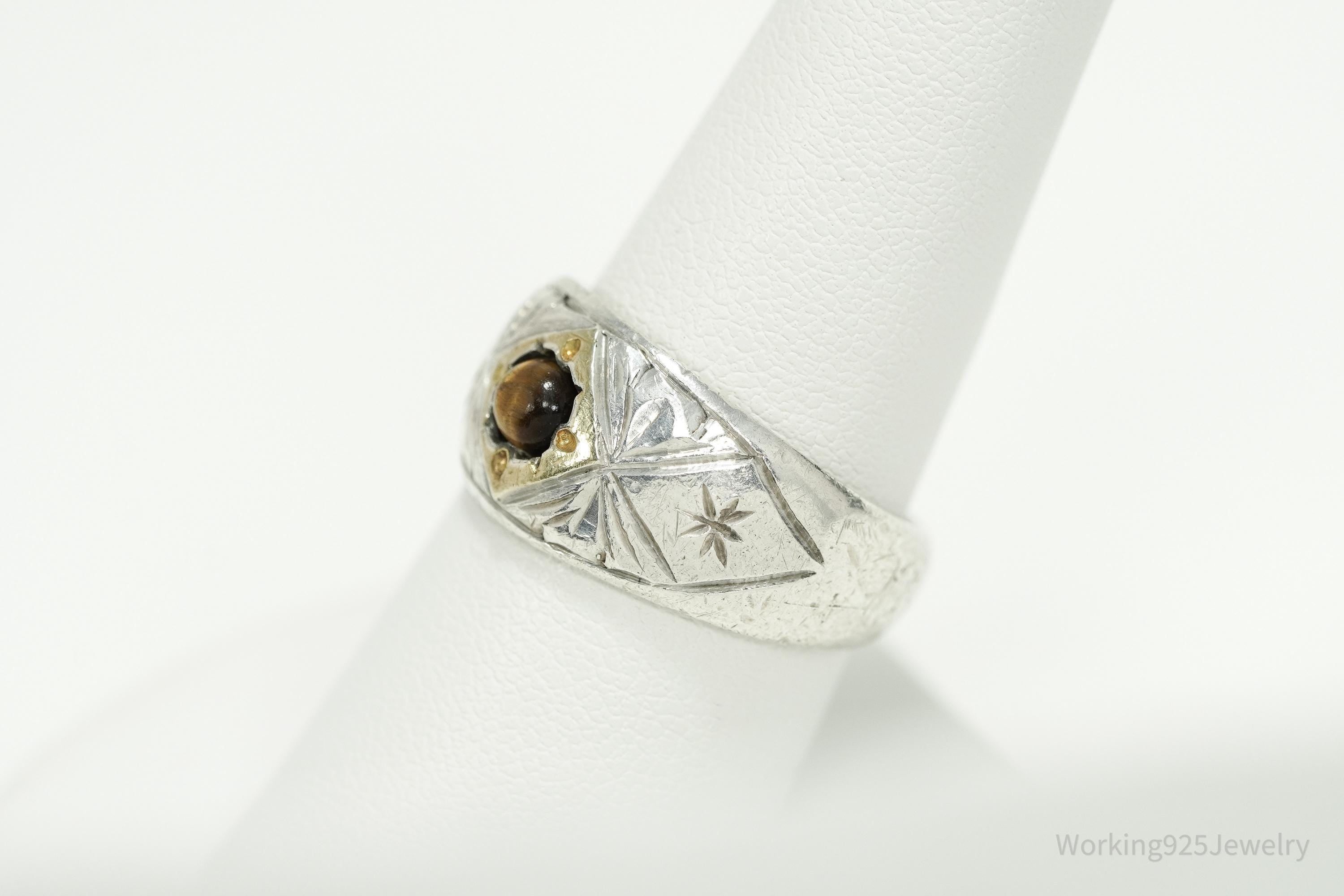 Antique Vintage Tigers Eye Gold Wash Silver Ring - Size 8.75