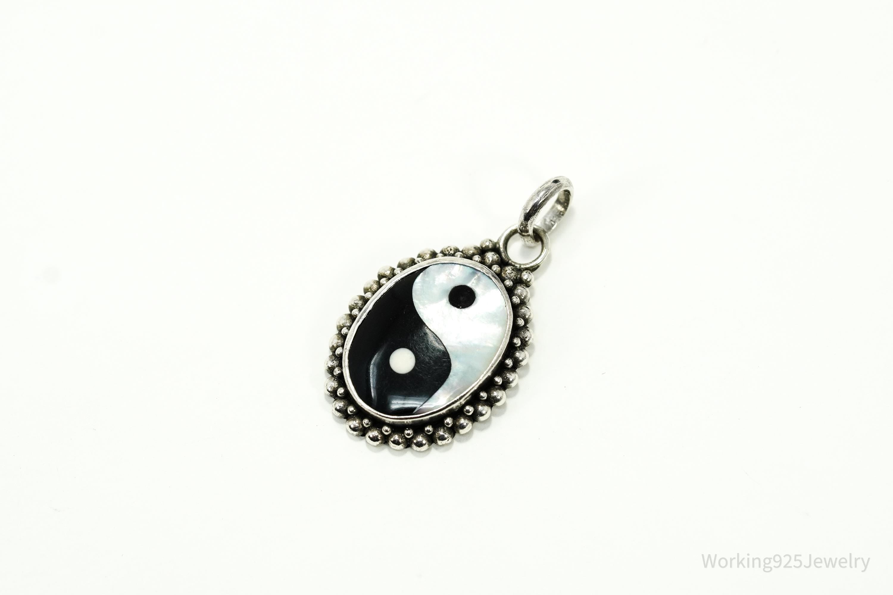 Vintage Black Onyx & Mother Of Pearl Inlay Yin Yang Sterling Silver Pendant