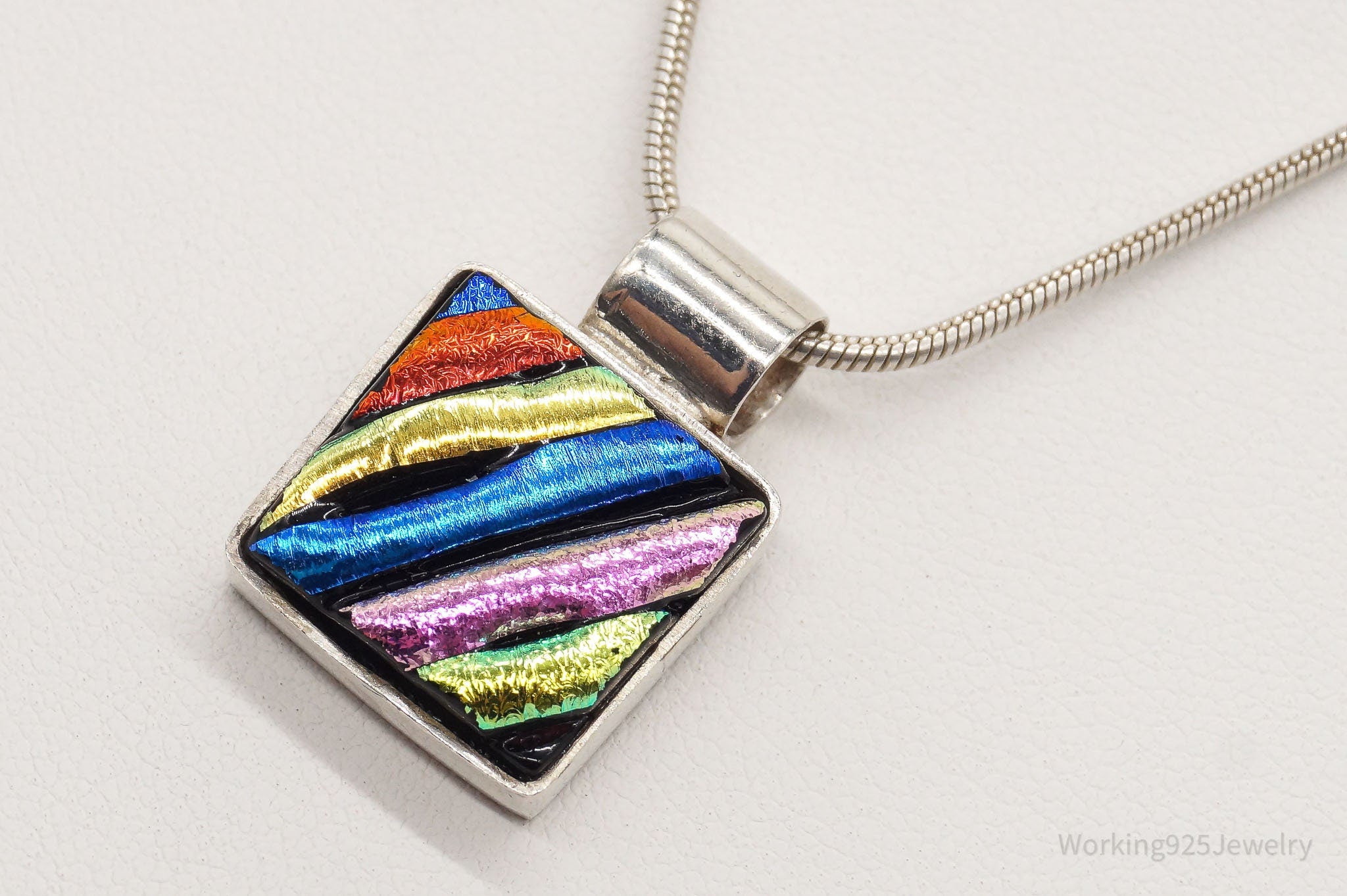 Vintage Rainbow Dichroic Glass Sterling Silver Necklace