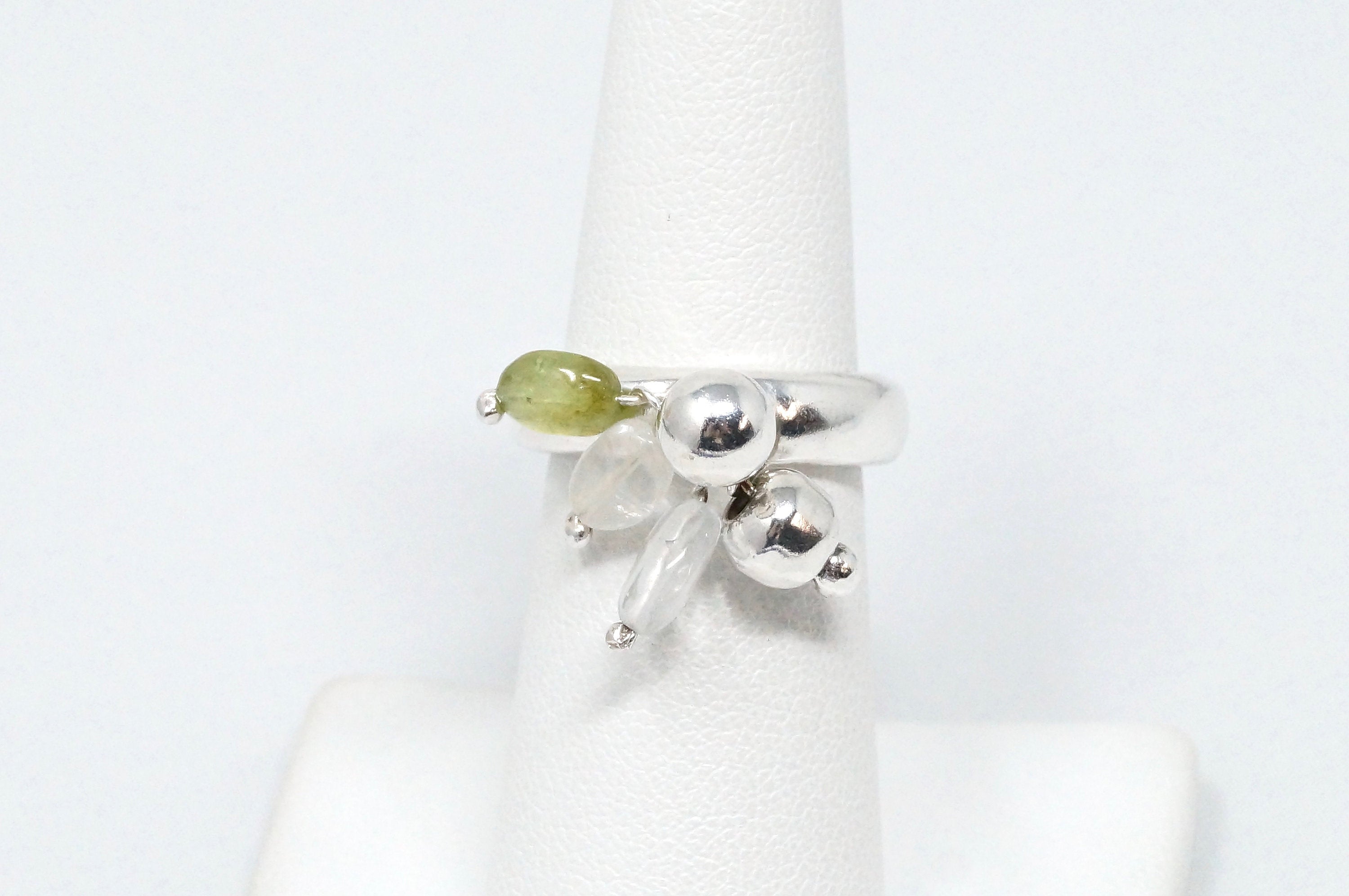 Vintage Mexico Handmade White Quartz Crystal Green Peridot S.S Ring - Size 6