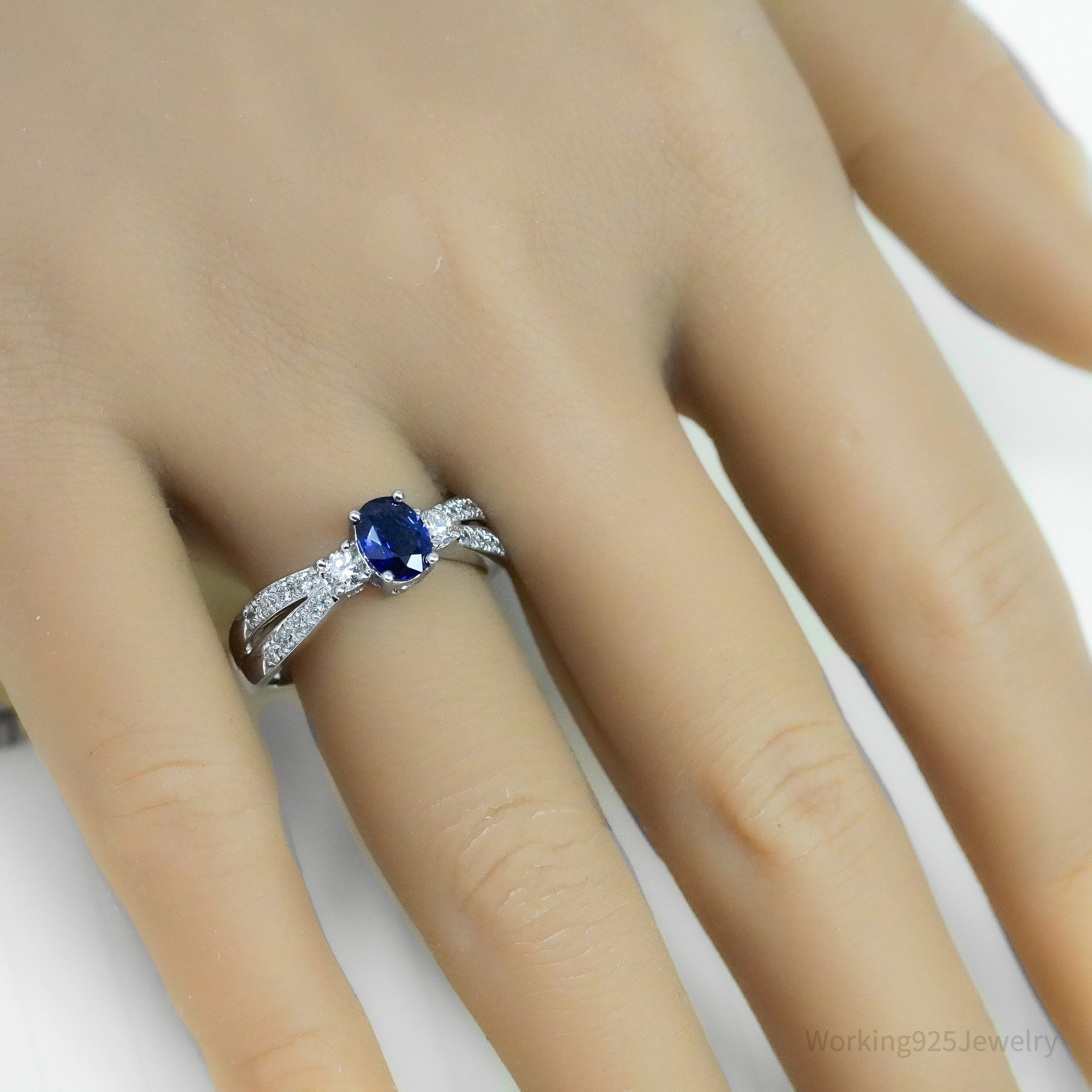 14K White Gold, Sapphire & Diamond Cocktail Ring - Size 8
