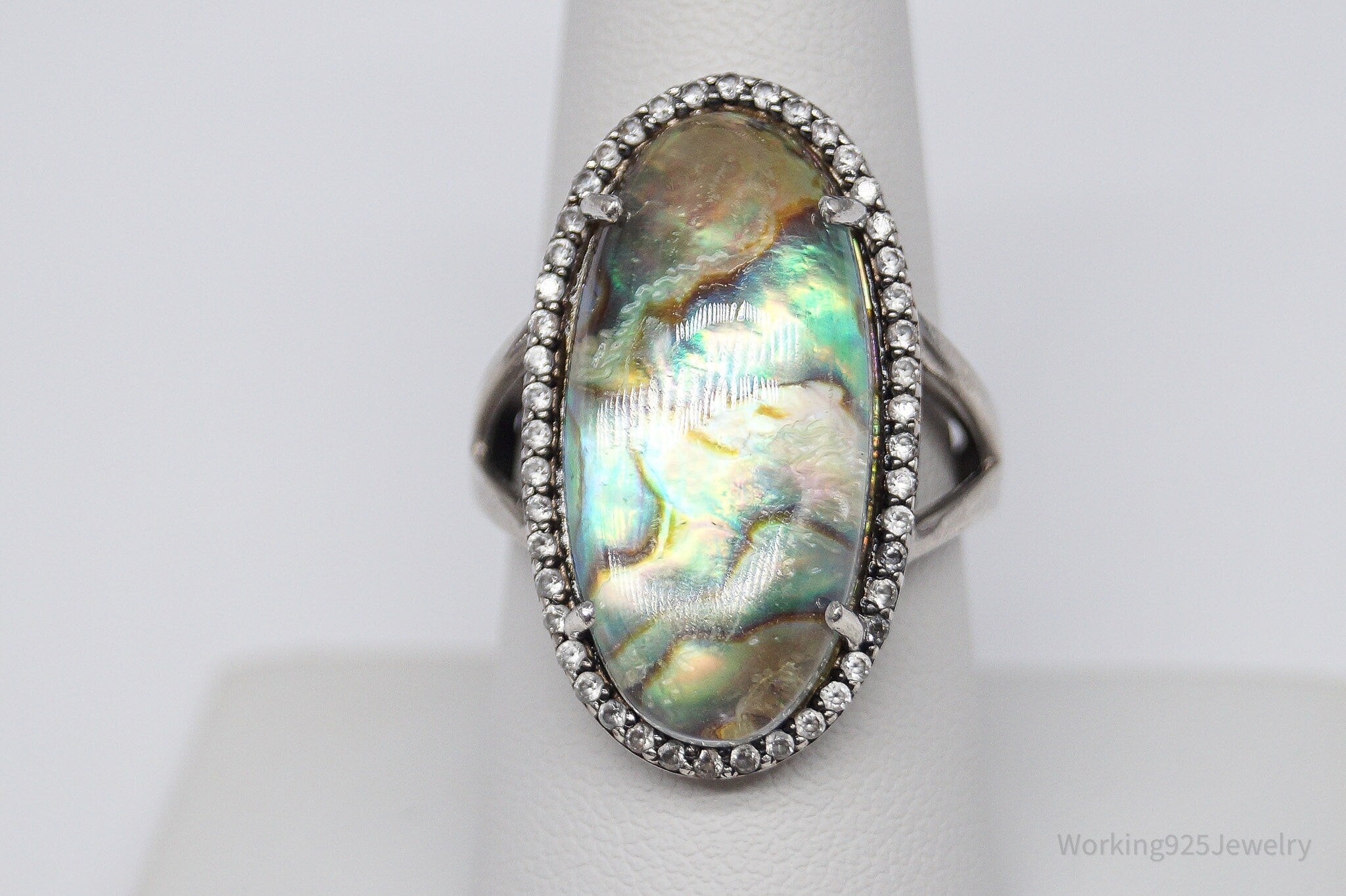 Vintage Paua Abalone Shell White Topaz Sterling Silver Ring - Size 8