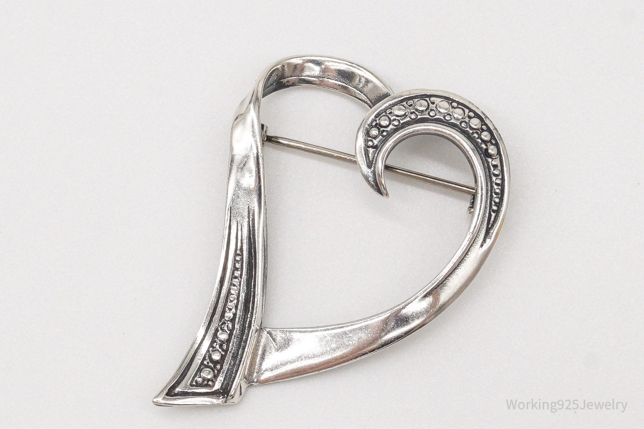 Vintage Open Heart Art Deco Sterling Silver Brooch Pin