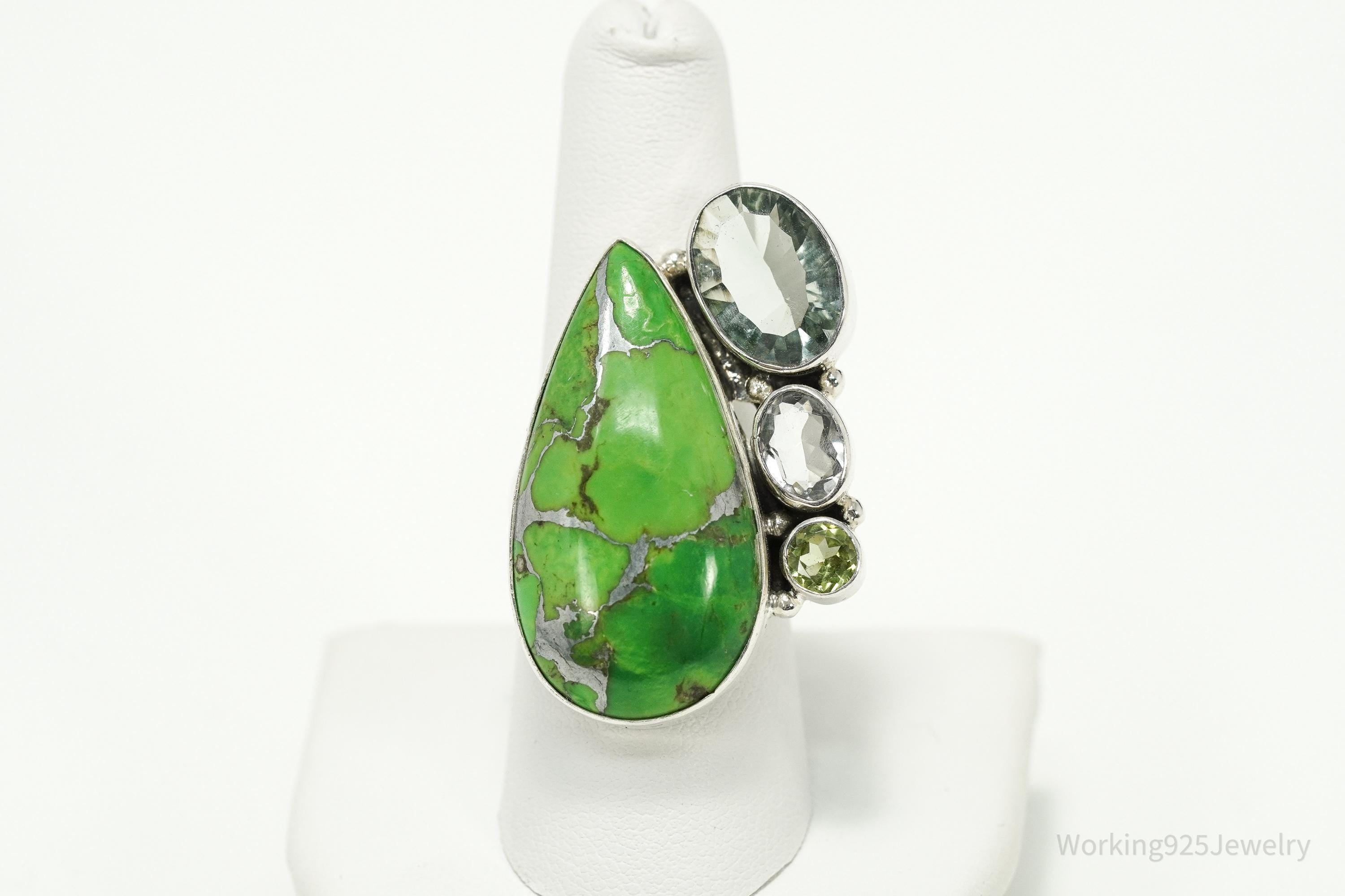 Vintage Green Mojave Turquoise Multi Gemstone Sterling Silver Ring - Size 8.5